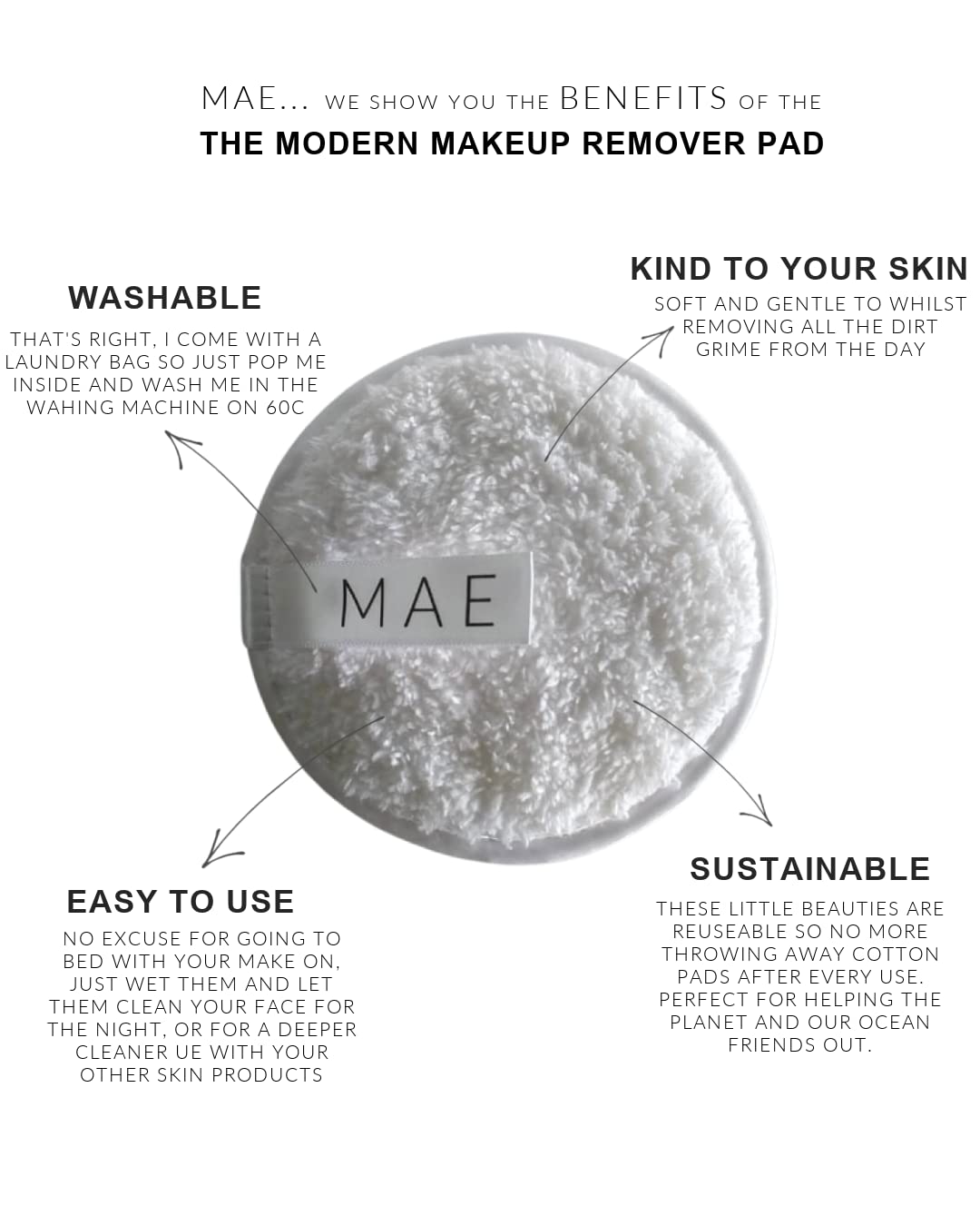 MAE Reusable XL Makeup Remover Pads Set of 4 with Travel Bag & Laundry Bag | Eco-Friendly Washable Cotton Rounds for Eye & Face Makeup Removal | Perfect for Travel, Daily Skincare & Sustainable Beauty Routine