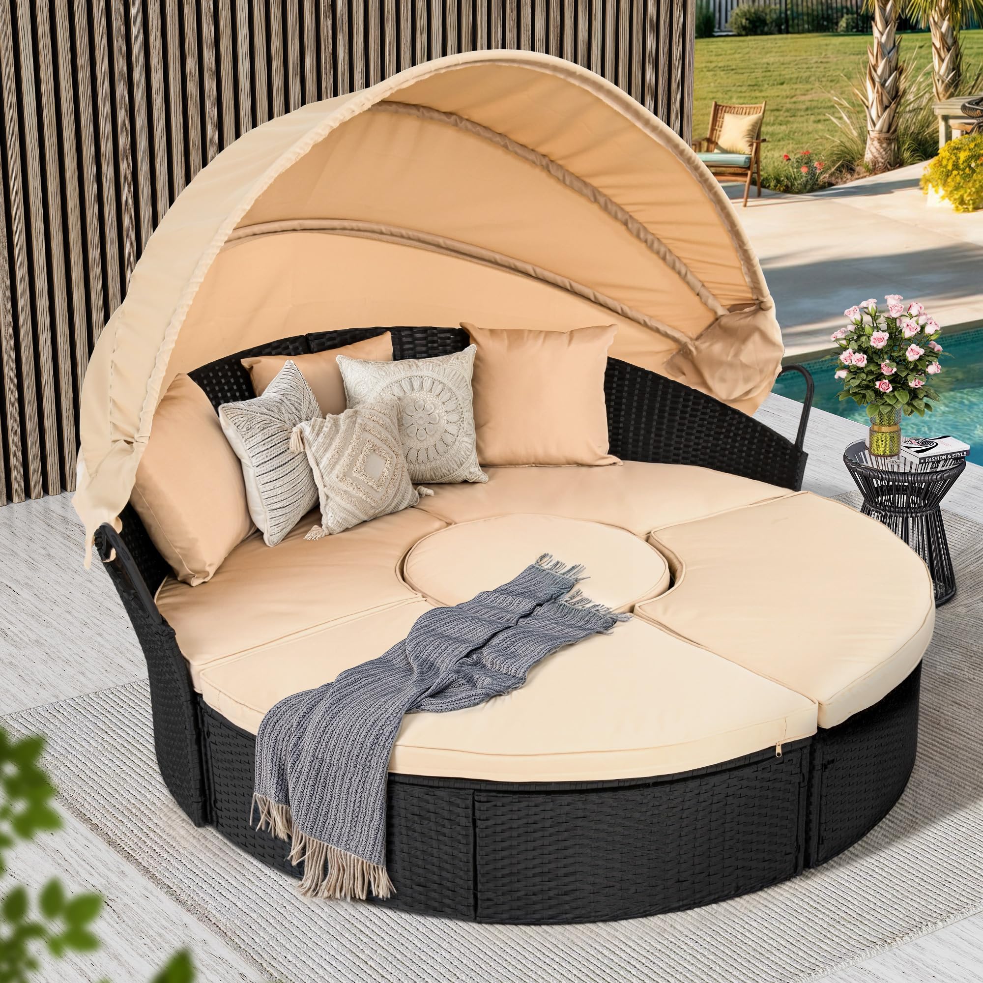 YITAHOME Outdoor Patio Round Daybed with Retractable Canopy, Soft Cushions & Storable Side Table - Light Brown & Beige - Perfect for Backyard, Porch, Poolside or Garden Relaxation
