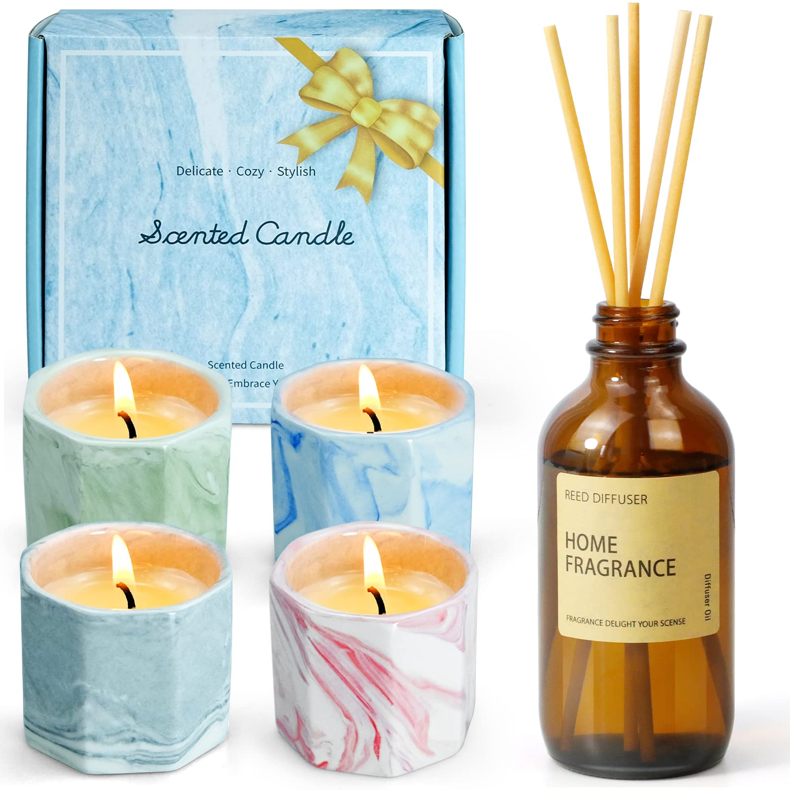 Premium Scented Candles Set - Cedar, Linen, Peony & Bamboo Fragrances | 3.4oz/100ml Reed Diffuser & Home Fragrance Products | Perfect for Relaxation, Aromatherapy & Home Decor