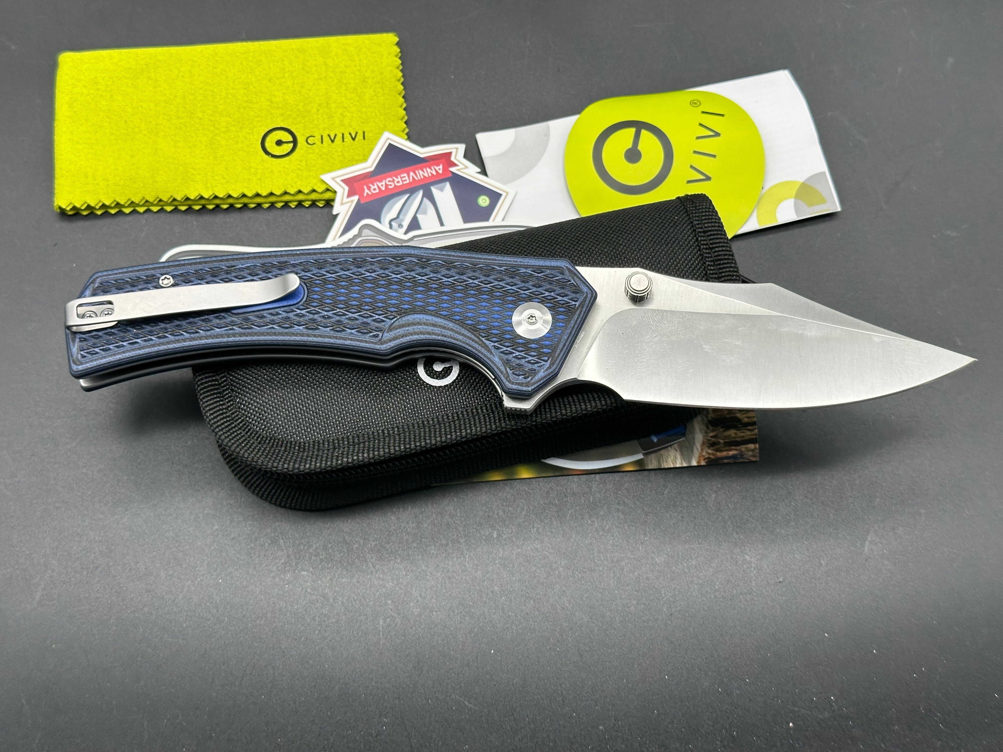 CIVIVI Vexillum Folding Knife - Blue/Black Layered G10 Handle, Nitro-V Clip Point Plain Edge - EDC, Outdoor, Camping, Survival Tool