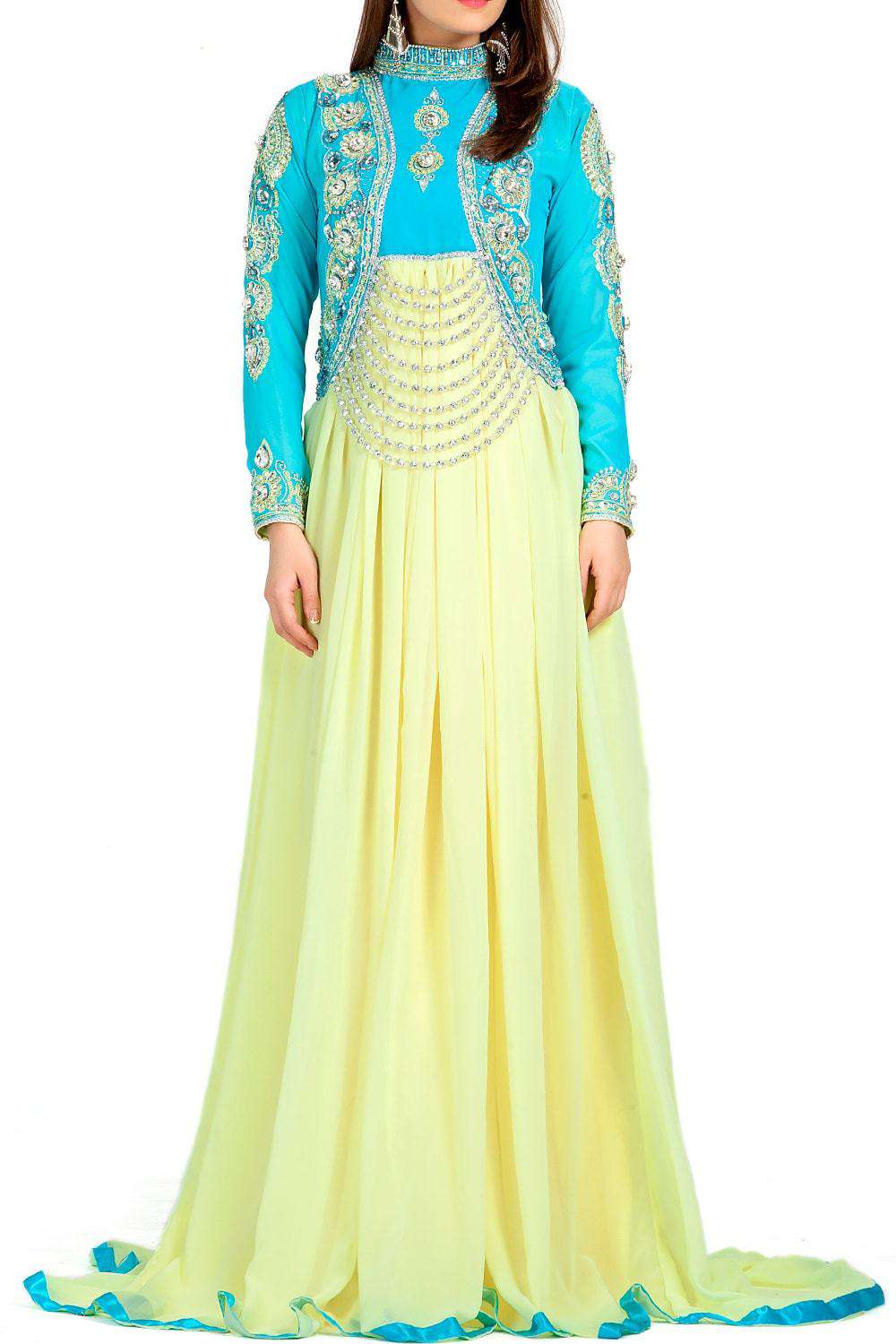 Exclusive Designer Gulf Yellow & Blue Embroidered Islamic Abaya Dress for Women - Perfect for Eid, Ramadan & Special Occasions