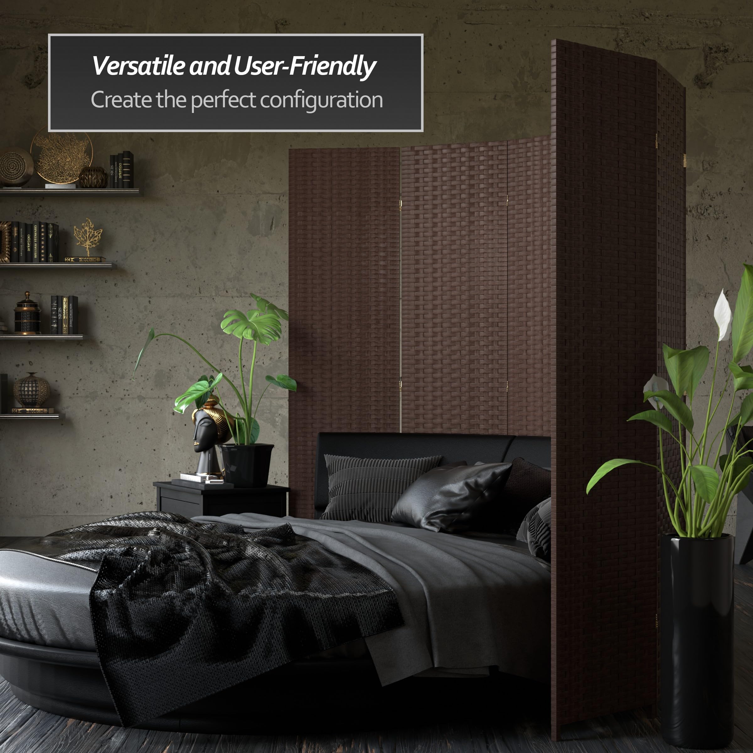 7 ft Tall Woven Fiber Red Lantern Room Divider - Dark Mocha 4 Panel Folding Screen for Home Decor, Office Partition & Asian-Themed Events