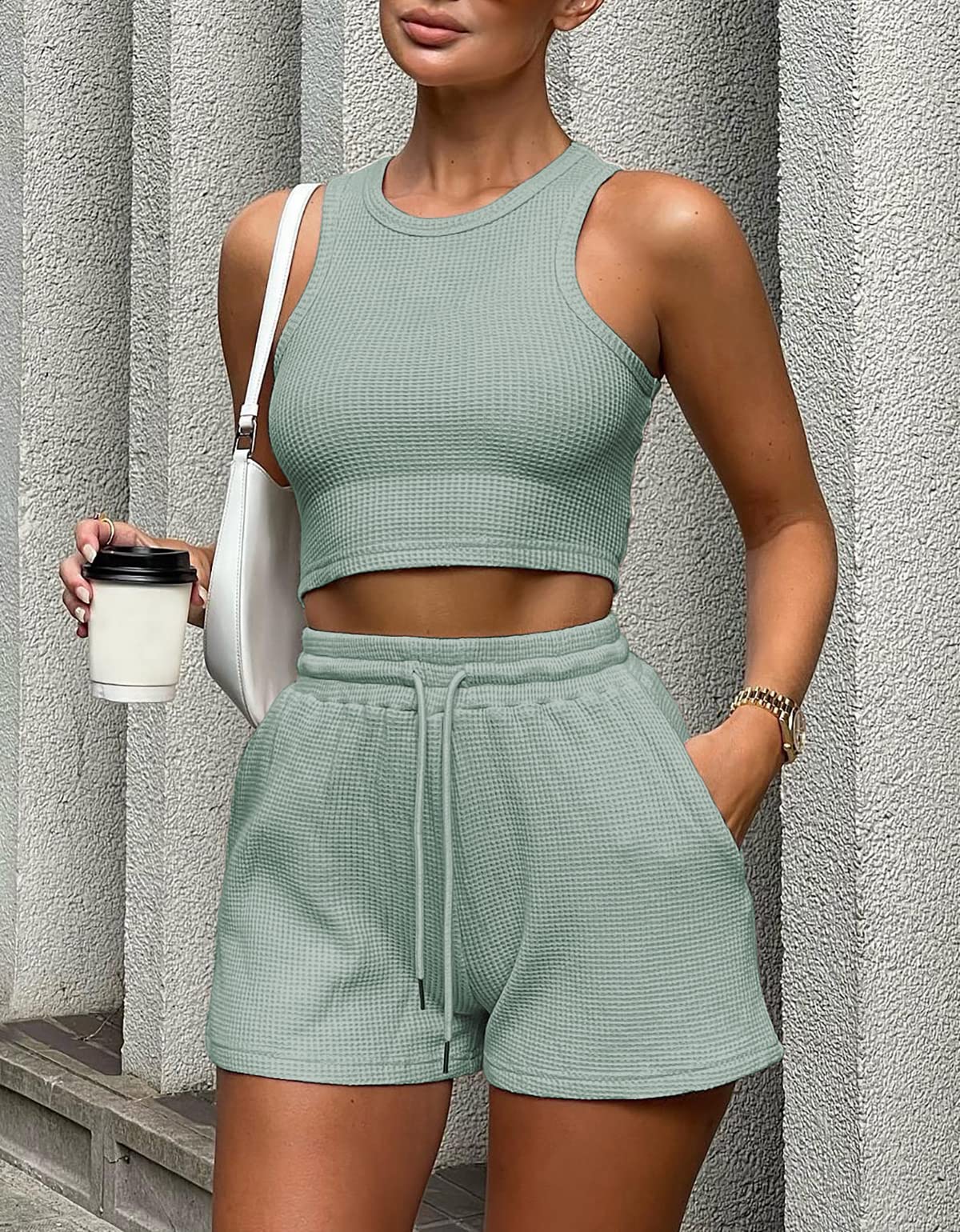 Lingswallow 2 Piece Women's Lounge Set - Sleeveless Crop Top & Waffle Shorts Comfy Outfit for Yoga, Sleep & Home Relaxation