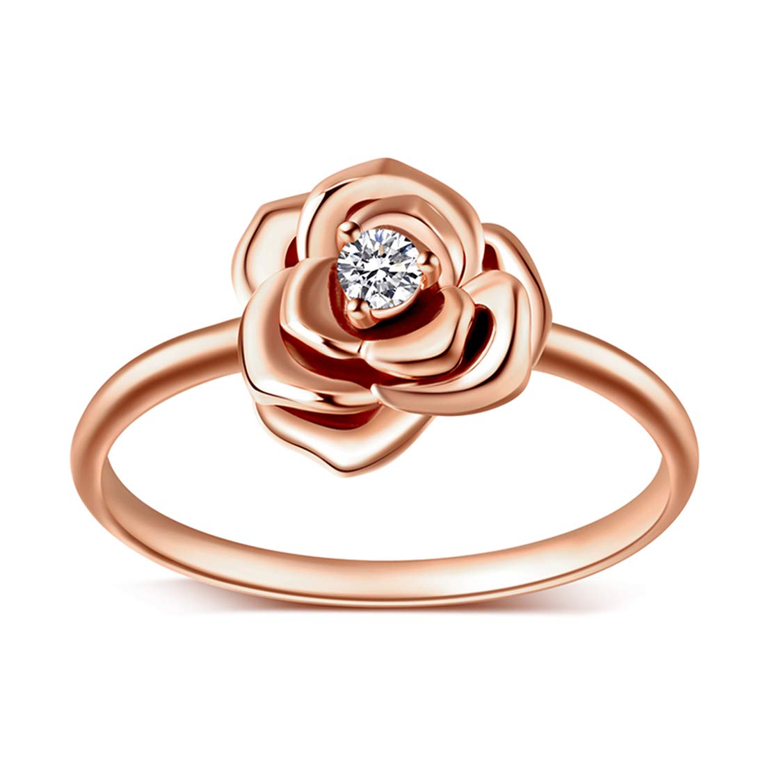 14K Solid Rose Gold Small Rose Flower Ring with 0.05ct Diamond - Dainty Delicate Statement Jewelry for Women | Perfect Friendship Gift, Anniversary Present & Everyday Elegance