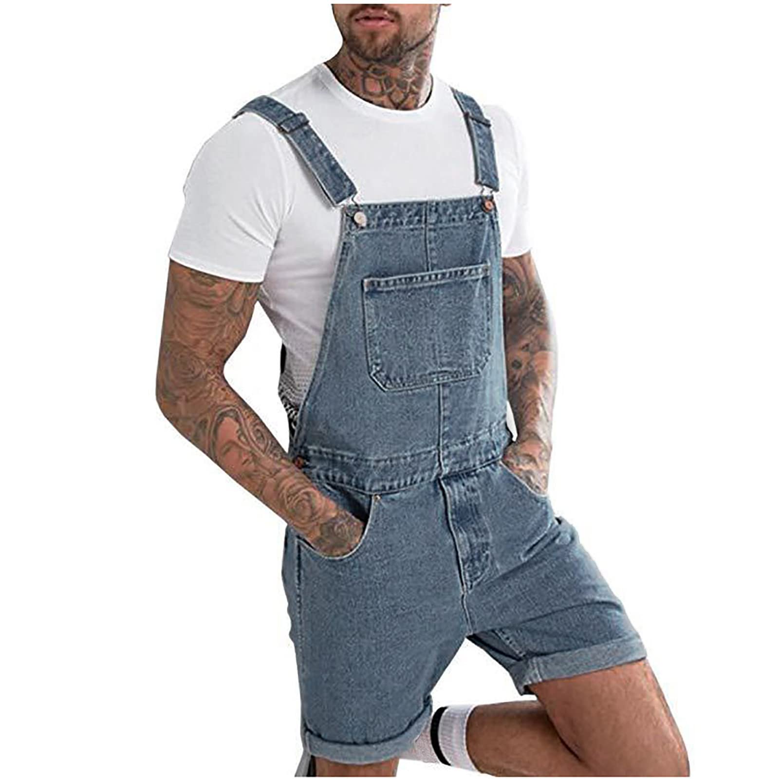 BADHUB Men's Summer Denim Bib Overalls - Slim Fit Casual Shorts Jumpsuit with Pockets & Adjustable Straps for Outdoor Work, Gardening, and Summer Adventures