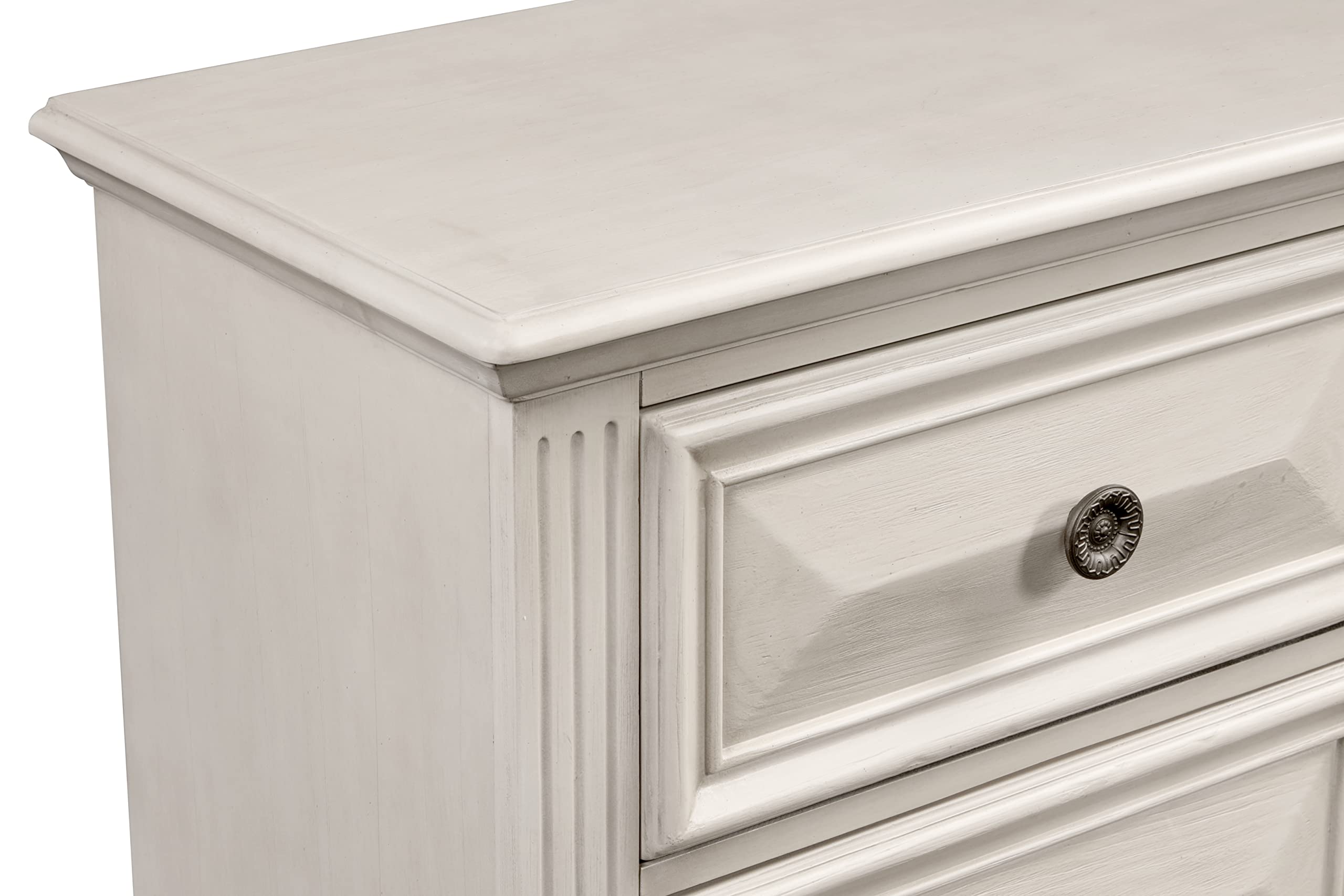 Roundhill Furniture Renova Wood Queen Bedroom Set - Distressed Parchment Panel Bed with Dresser, Mirror & 2 Nightstands | Complete Bedroom Furniture for Master Bedroom, Guest Room & Apartment