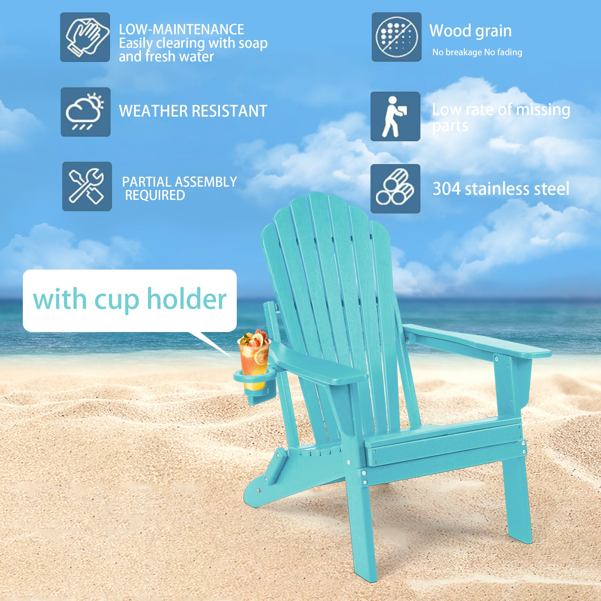 Folding Adirondack Chair with Cup Holder - Heavy Duty All-Weather HDPE, Wooden Textured, SGS Tested for Outdoor Comfort (Aruba Blue) - Perfect for Patio, Garden, Poolside & Backyard Relaxation