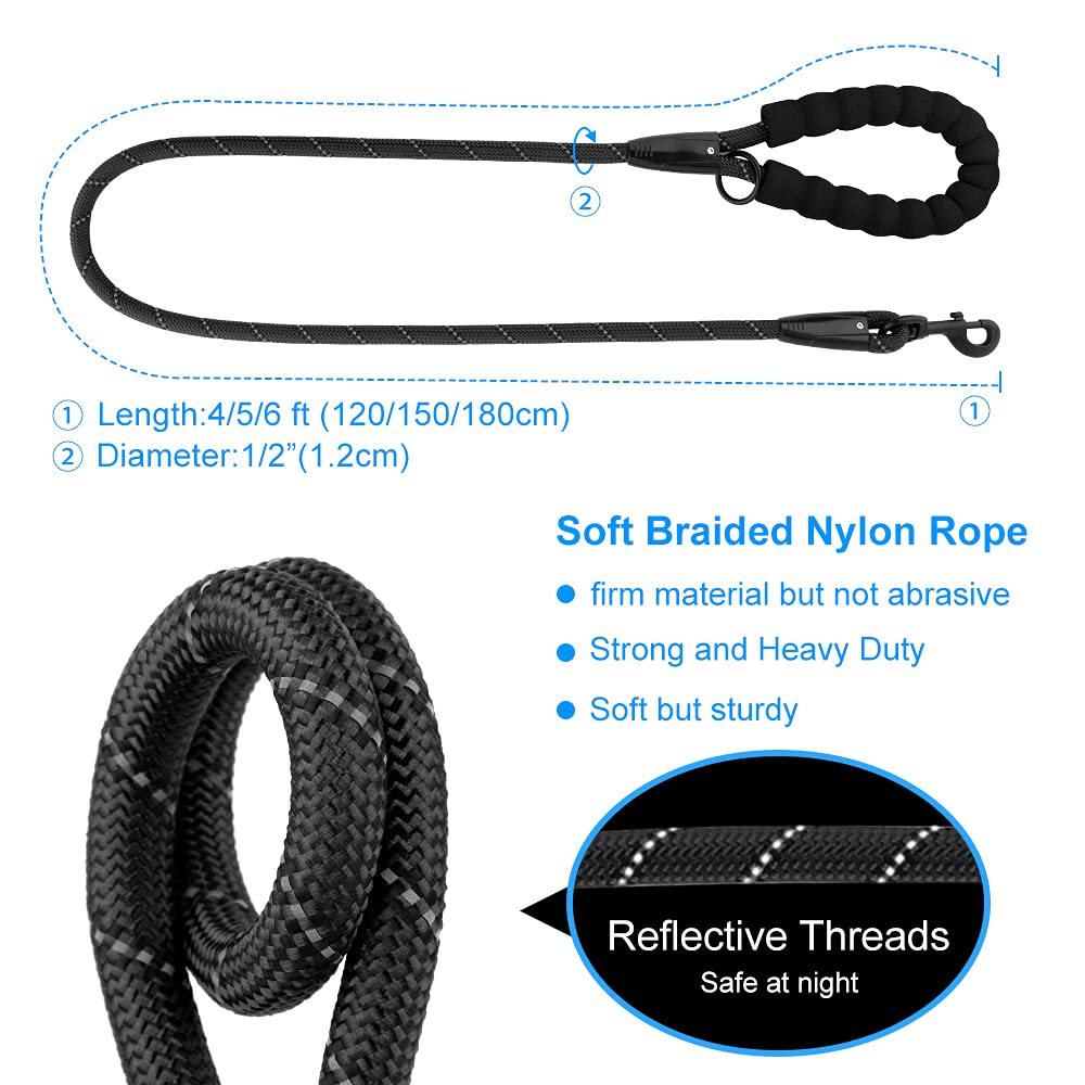 **Plutus Pet Heavy Duty Reflective Rope Dog Leash - Comfortable Padded Handle, Durable 4/5/6 FT Leash for Small, Medium & Large Dogs (1/2