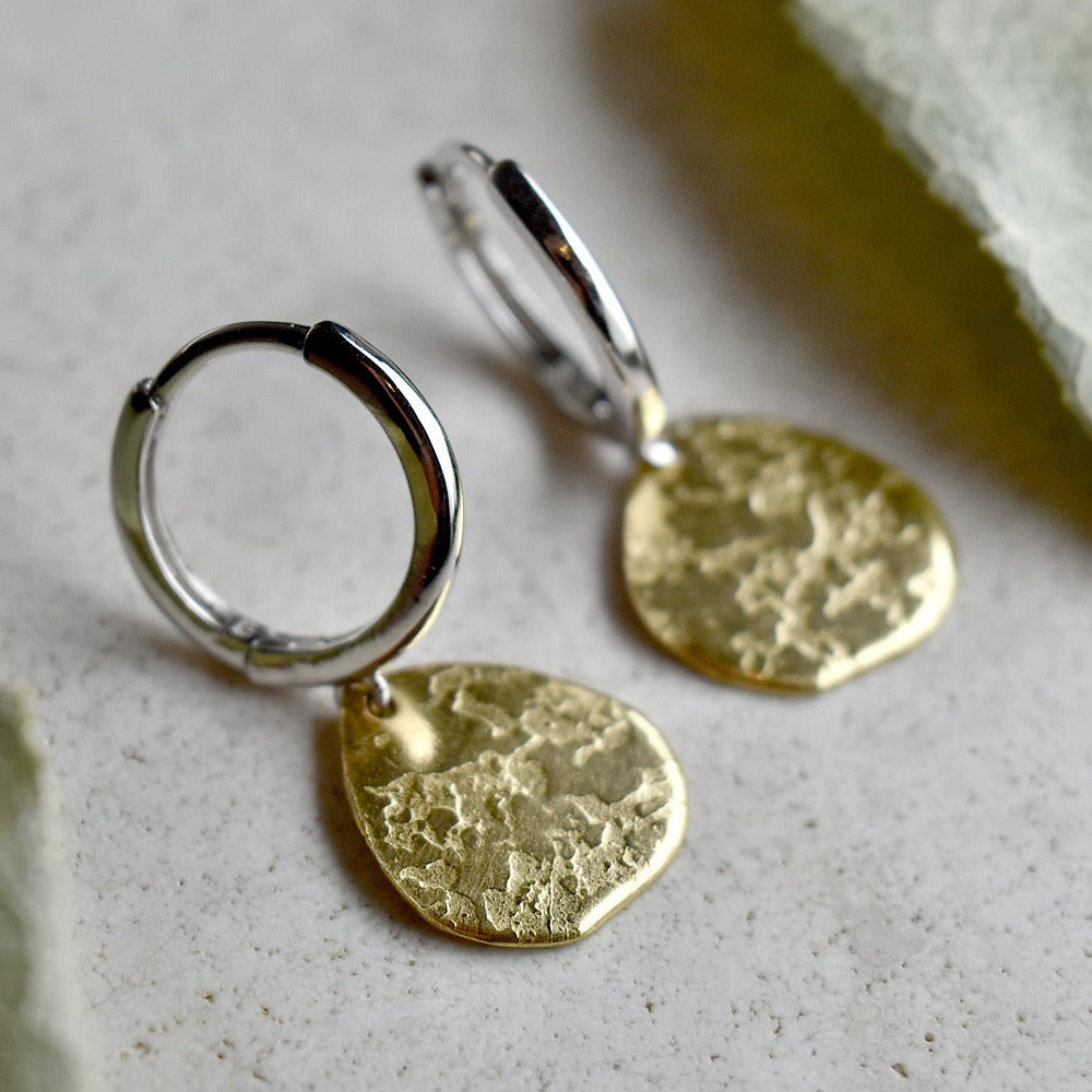 Stylish 'Ashes' Silver Huggie Hoop Earrings with Delicate Brass Drop - Perfect for Everyday Wear & Special Occasions