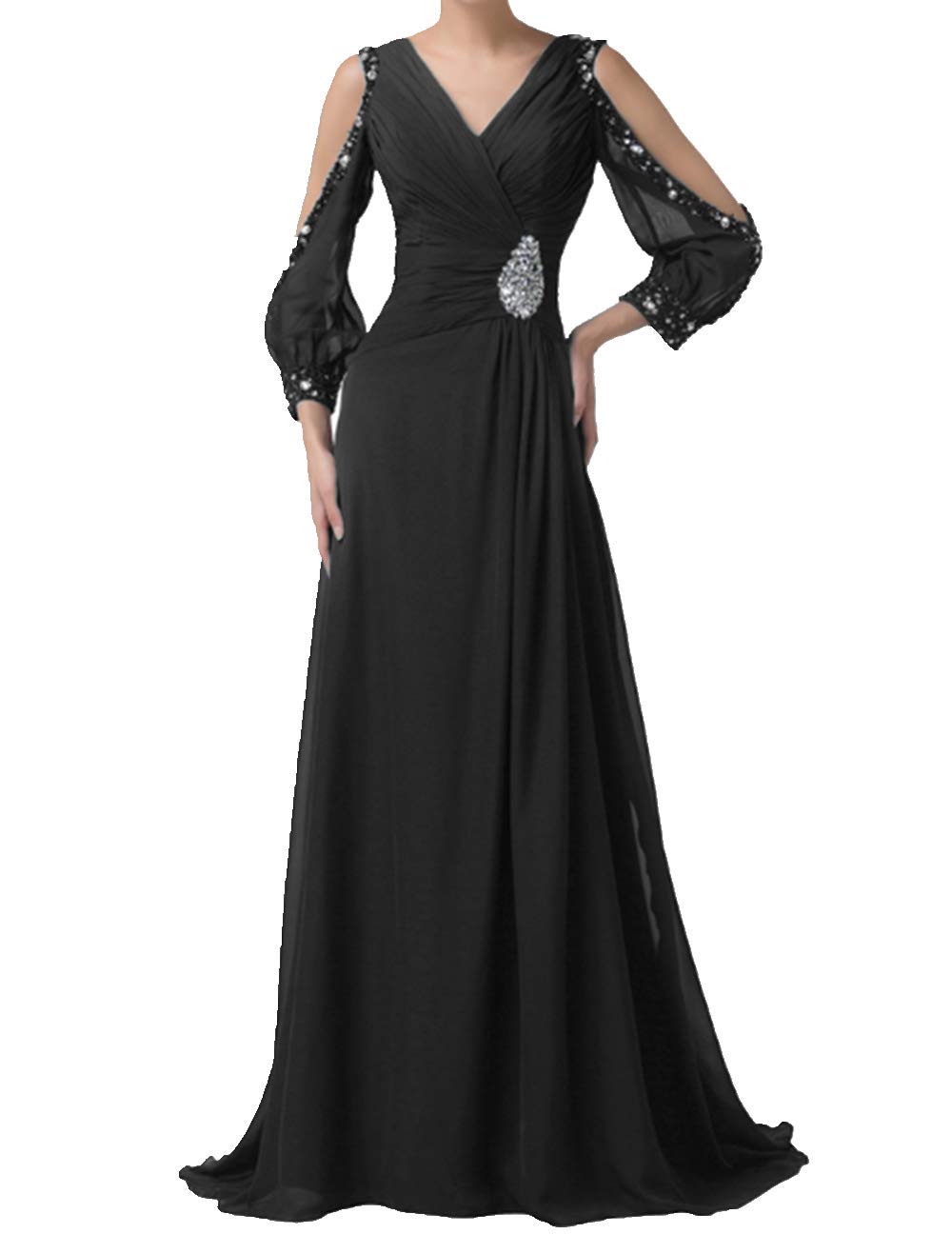 ANGELA Women's Beaded V-Neck Long Sleeve Chiffon Evening Gown - Elegant Formal Dress for Prom, Wedding Guest, Cocktail Party & Special Occasions