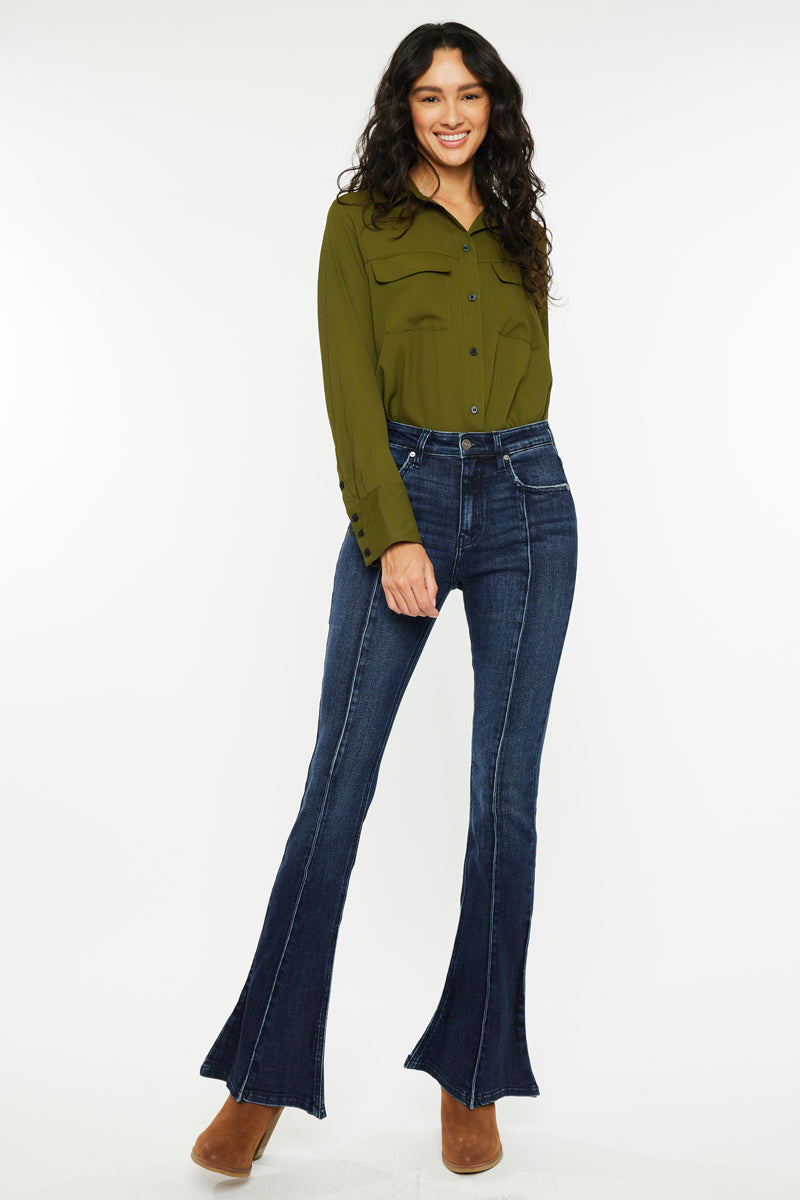 Graciela Women's High Rise Peplum Flare Jeans - Stretchy Denim Pants for Casual & Date Night Outfits | Trendy Vintage Style Bootcut Jeans for Women