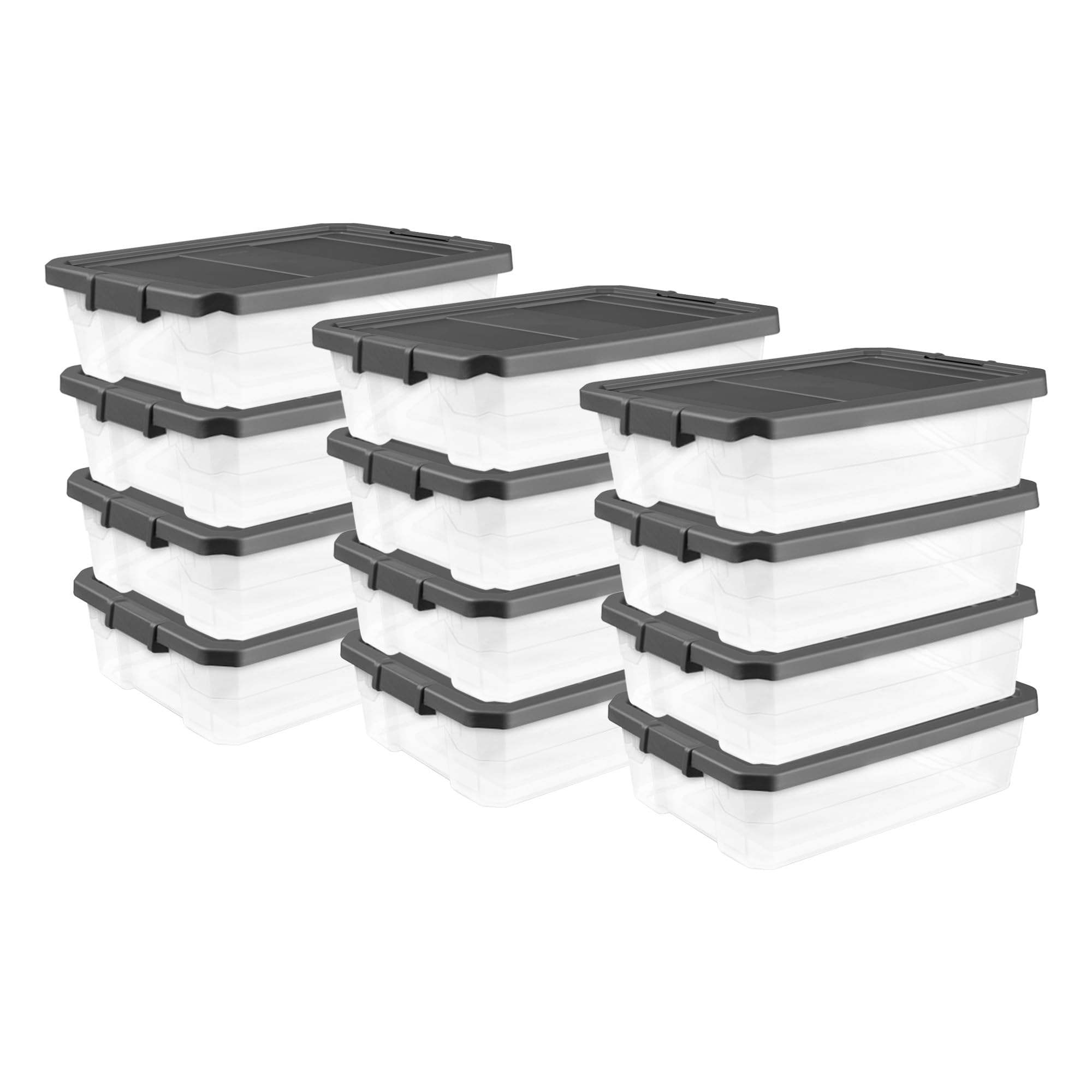 Sterilite 12-Pack 40 Quart Clear Plastic Storage Bins with Latching Lids - Modular Stackable Organizer Boxes for Home, Office & Garage Organization