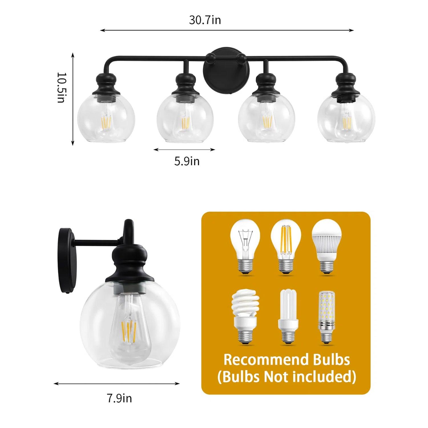 Modern Black Clear Glass 4-Light Bathroom Vanity Light - Perfect for Bathroom, Dressing Room & Makeup Area Lighting