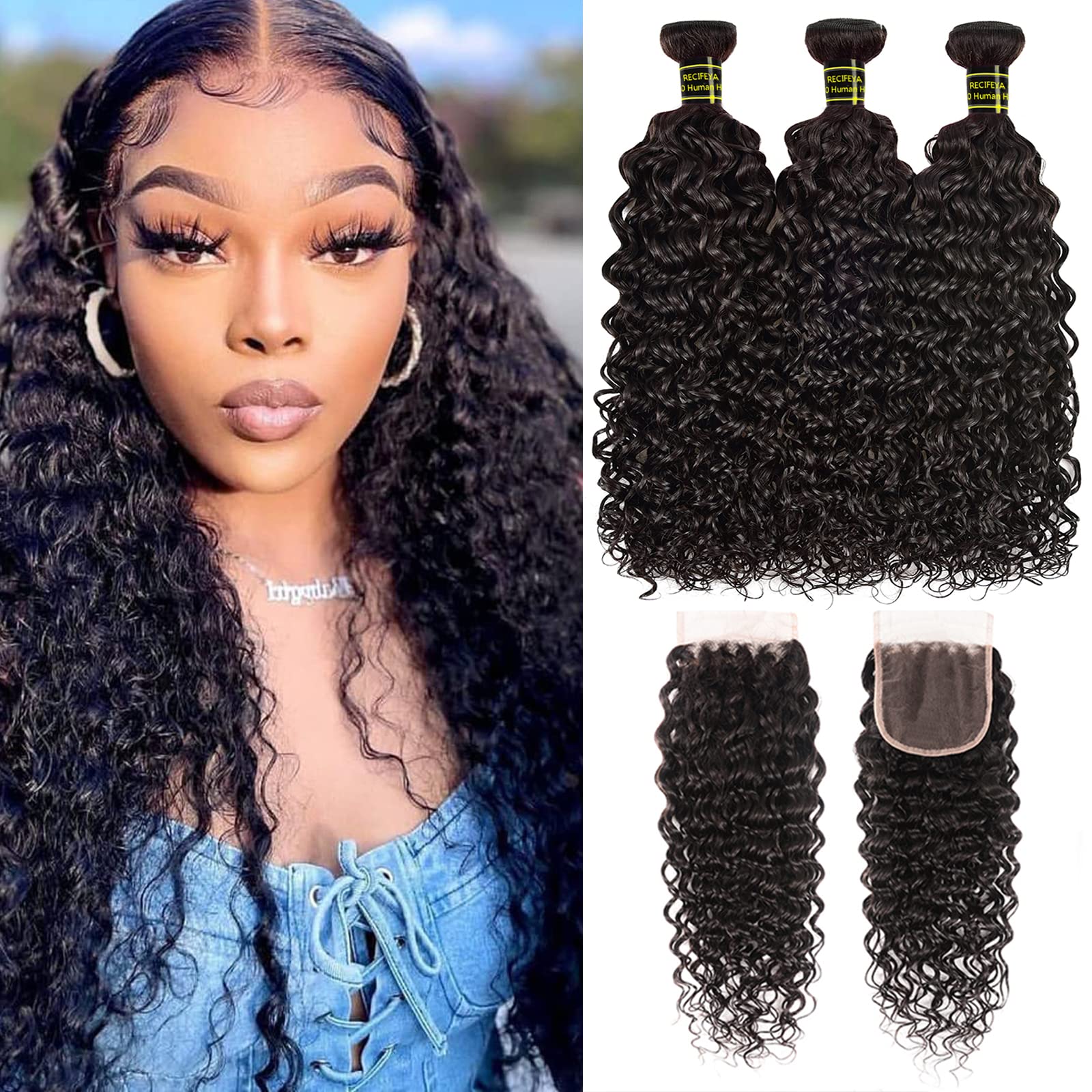 Brazilian Water Wave 3 Bundles with 4x4 Lace Closure - 100% Unprocessed Virgin Human Hair Weave Extensions (22