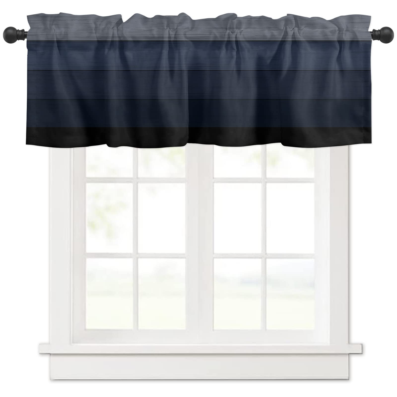 Ombre Navy Blue Wood Panel Window Valance Curtain with Rod Pocket - Washable Kitchen, Bedroom, Living Room Window Treatment - Country Rustic Wooden Decor for Small Windows - Perfect for Farmhouse, Cottage & Cozy Home Styling
