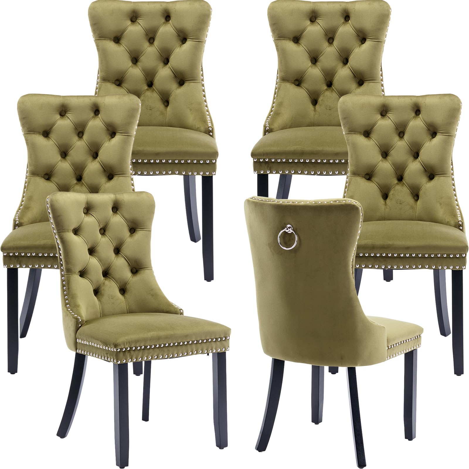 Luxury Velvet Dining Chairs Set of 6 - Tufted Upholstered Kitchen & Dining Room Chairs with Solid Wood Frame (Olive Green) - Perfect for Modern Home, Restaurant, and Wedding Decor