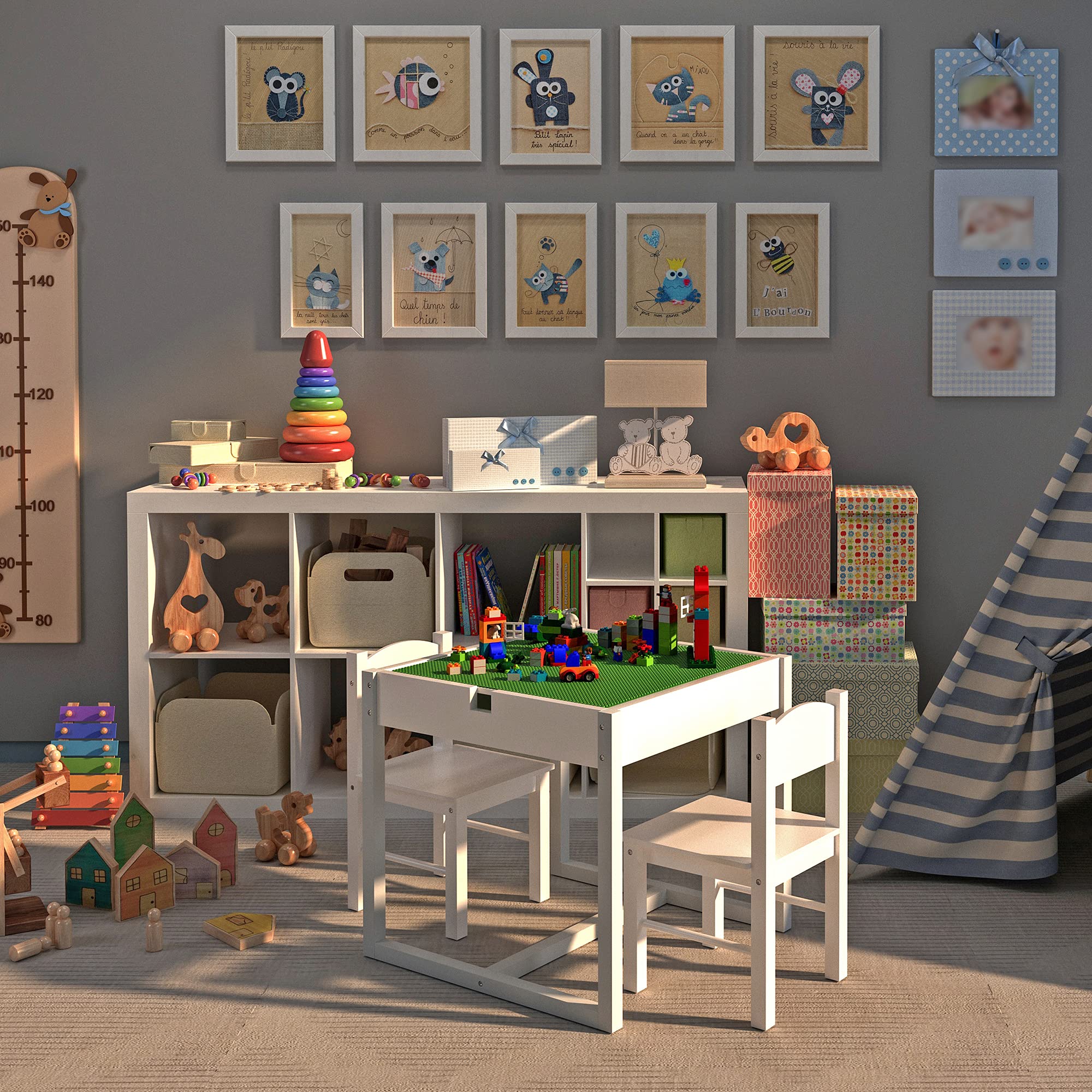 4NM 3-in-1 Kids Table and Chairs Set for Toddlers Ages 3-7 - Wooden Play Activity Table with Hidden Storage, Building Block Desk - White & Green - Perfect for Playroom, Preschool Learning, and Creative Activities