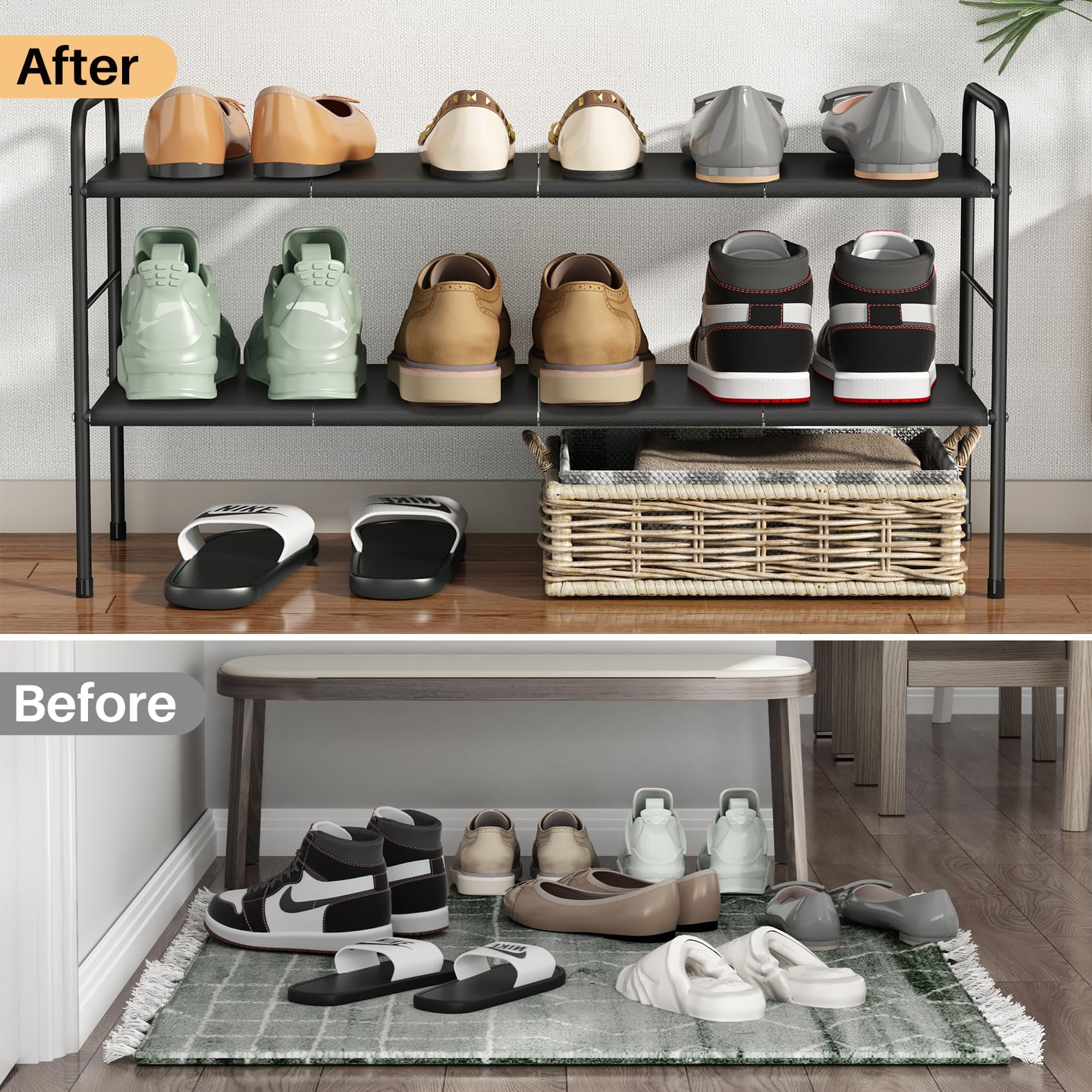 Expandable 2-Tier Metal Shoe Rack for Small Spaces - Adjustable Closet Door Shoe Organizer for Entryway, Garage & Hallway - Easy to Clean & Prevent Soil Detachment | Perfect for Apartment Living & Space-Saving Storage