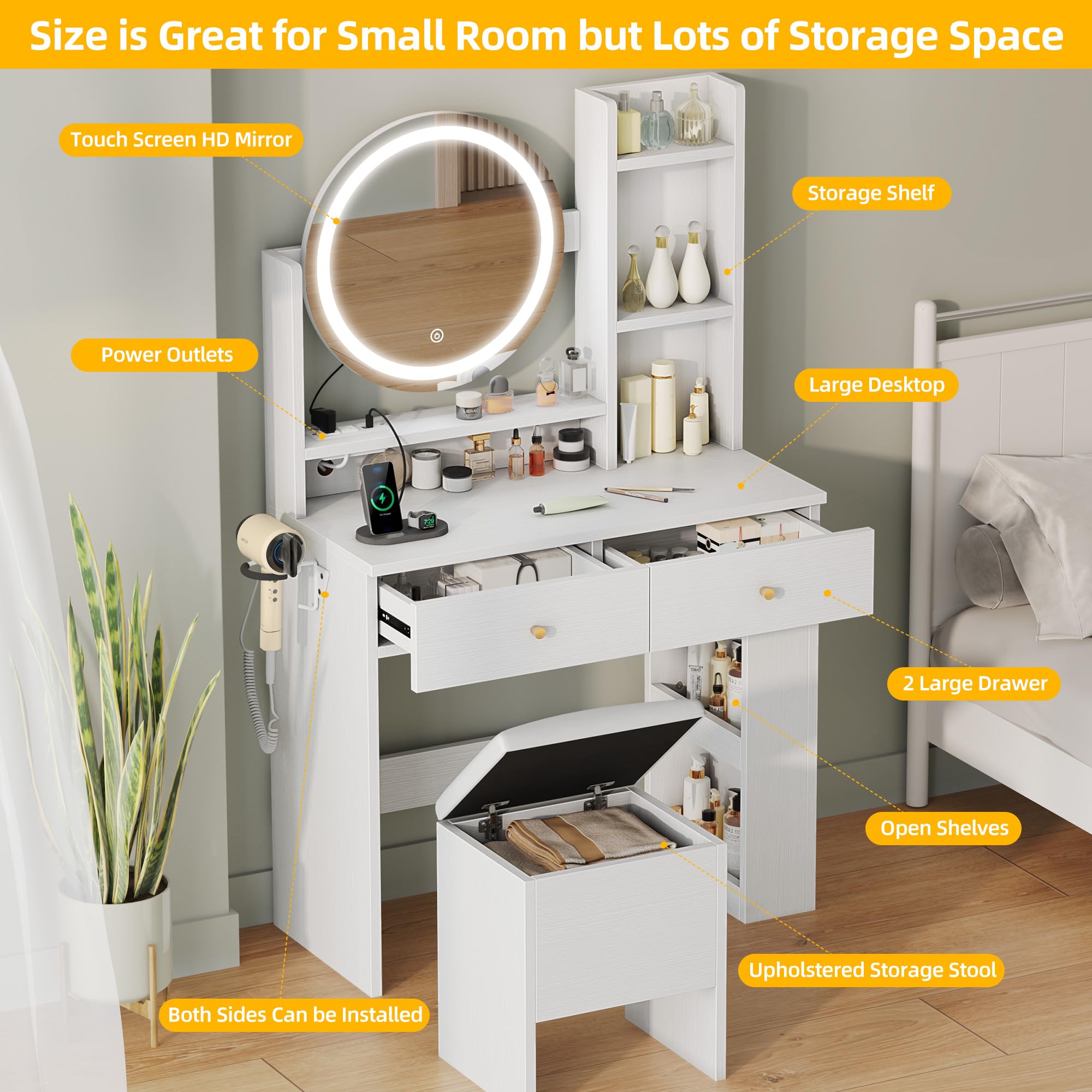 DWVO Vanity Desk with Mirror and LED Lights - Makeup Vanity Table Set with Power Outlets, Stool & 3 Lighting Modes - White Dressing Table with 3 Drawers & Storage Shelves for Bedroom - Perfect for Makeup Application, Skincare Routine & Home Decor