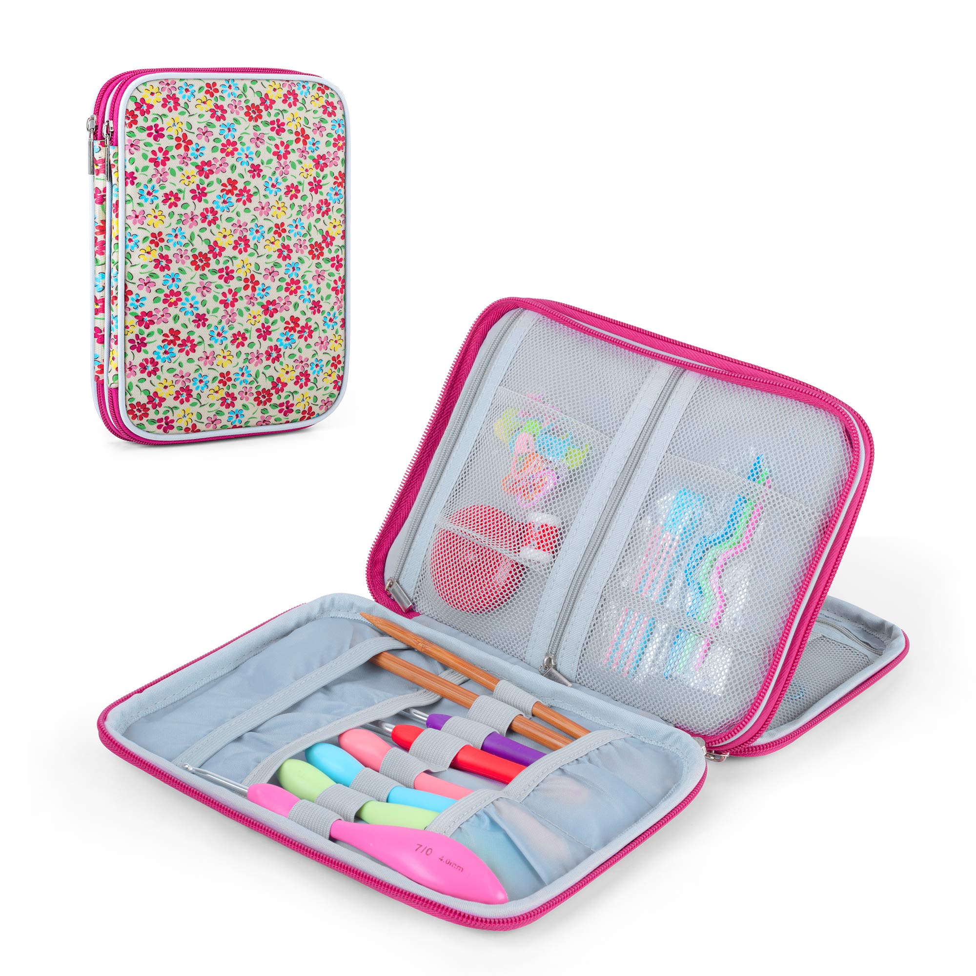 Teamoy Crochet Hook Case - Travel Storage Organizer for Swing & Lighted Crochet Hooks, Knitting Needles (Up to 8 Inch) & Accessories - Yellow Floral Design - Perfect for Crafting On-The-Go & Needlework Organization