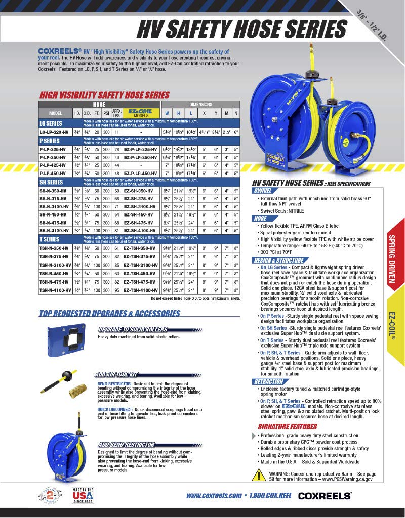COXREELS P-LP-325-HV Retractable Low Pressure Spring Rewind Hose Reel - 3/8