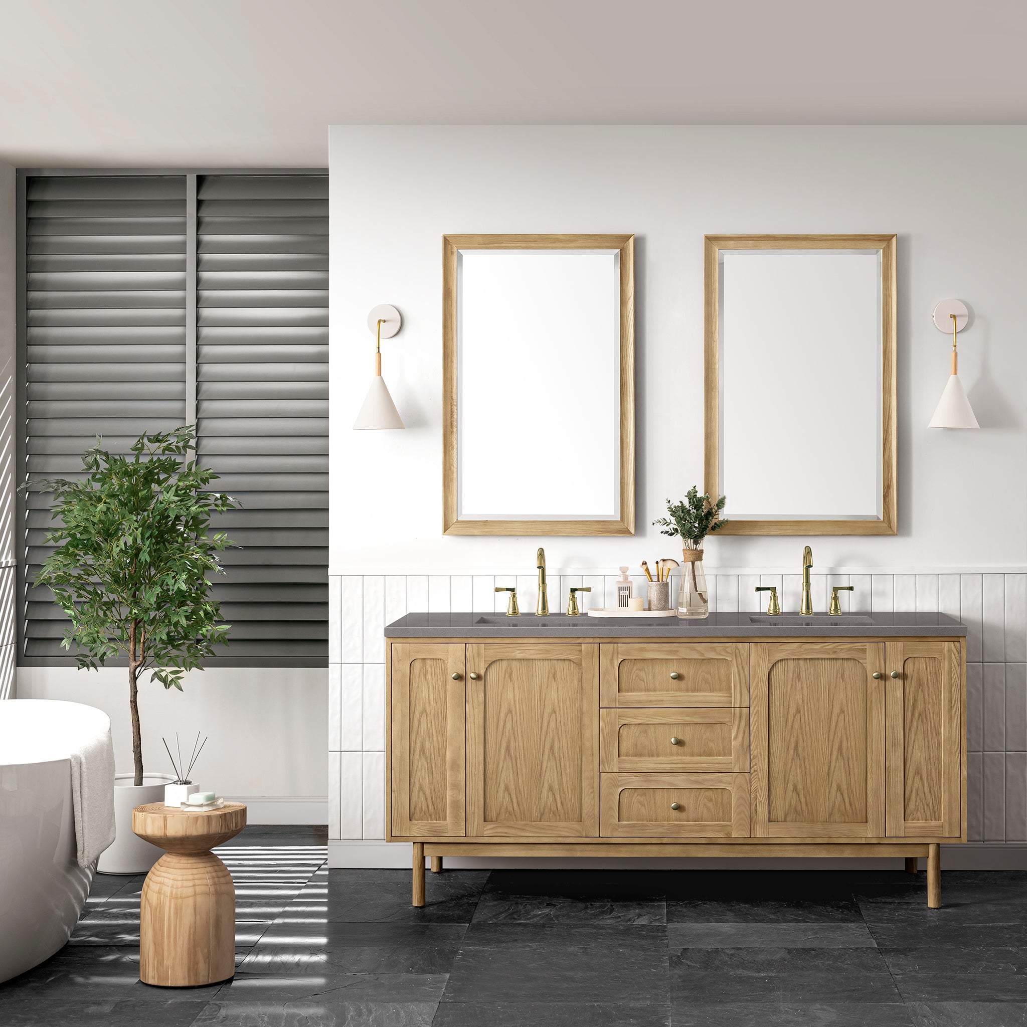 Laurent 72 Inch Double Bathroom Vanity with Sink - Light Natural Oak Finish & 3CM Grey Expo Countertop - Perfect for Master Bathroom Renovation and Modern Home Decor