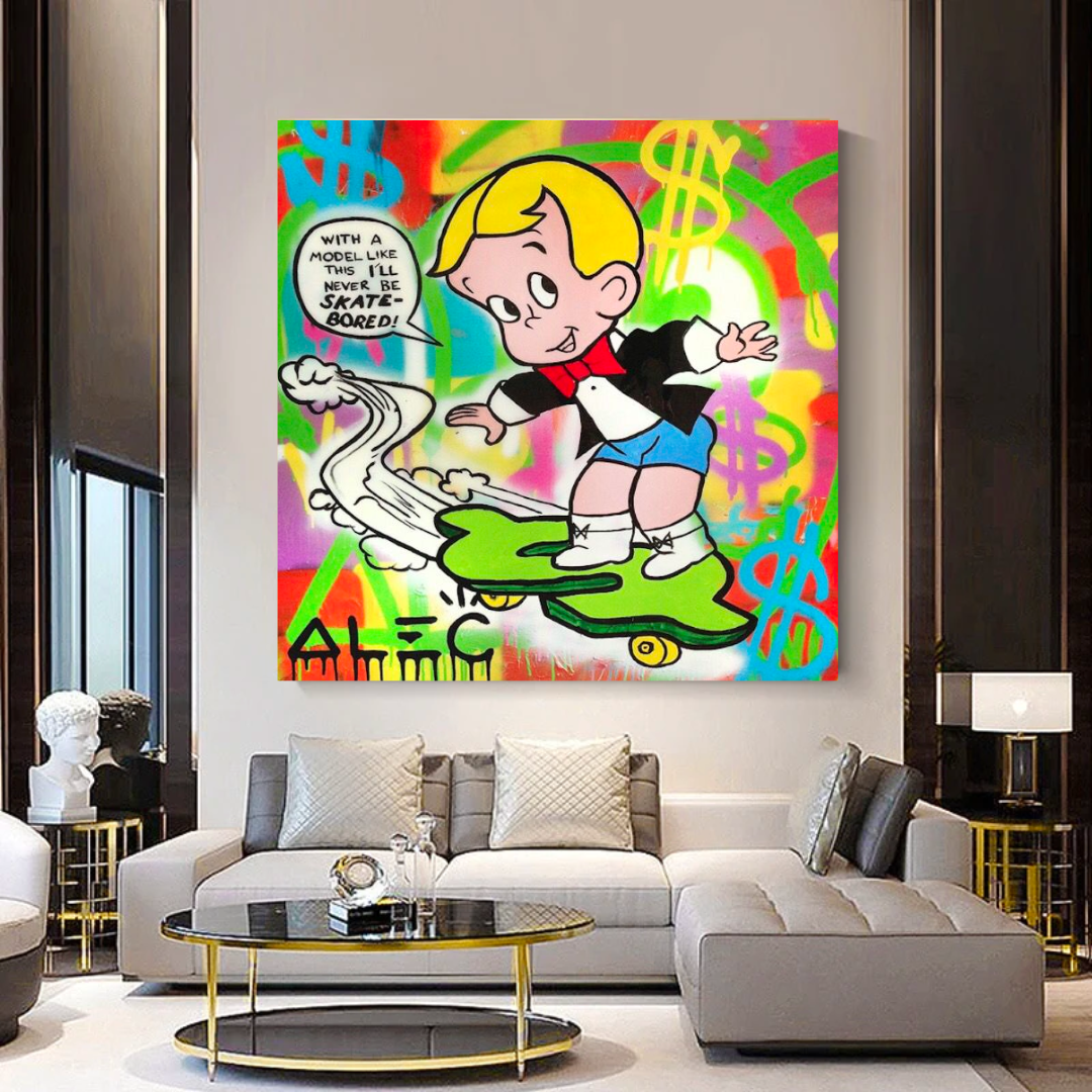 Alec Monopoly Art Print - Richie Rich Money Skating Canvas Wall Decor for Living Room, Office & Gift Ideas