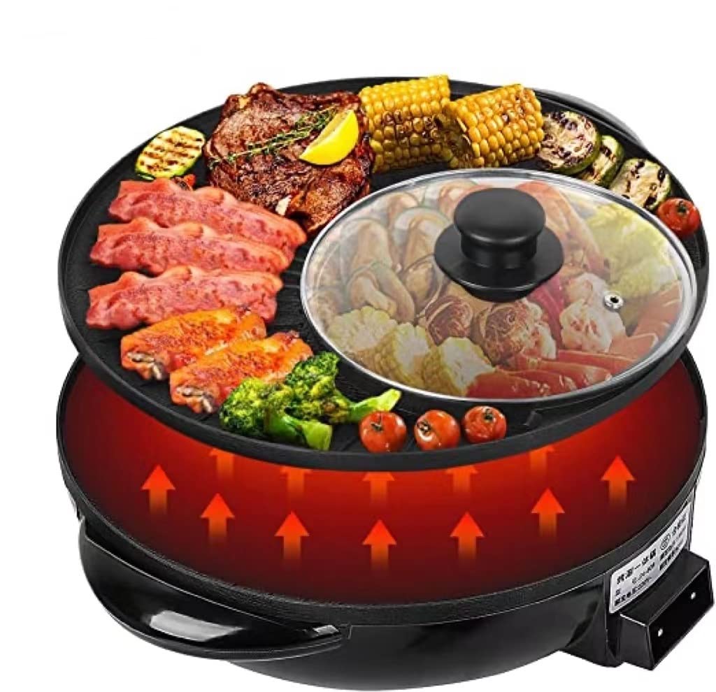 2 in 1 Electric Hot Pot and Grill - Non-Stick BBQ Grill Plate with Glass Lid, Adjustable Temperature for Indoor Cooking - Perfect for Home Kitchen, Camping & Small Space Apartments