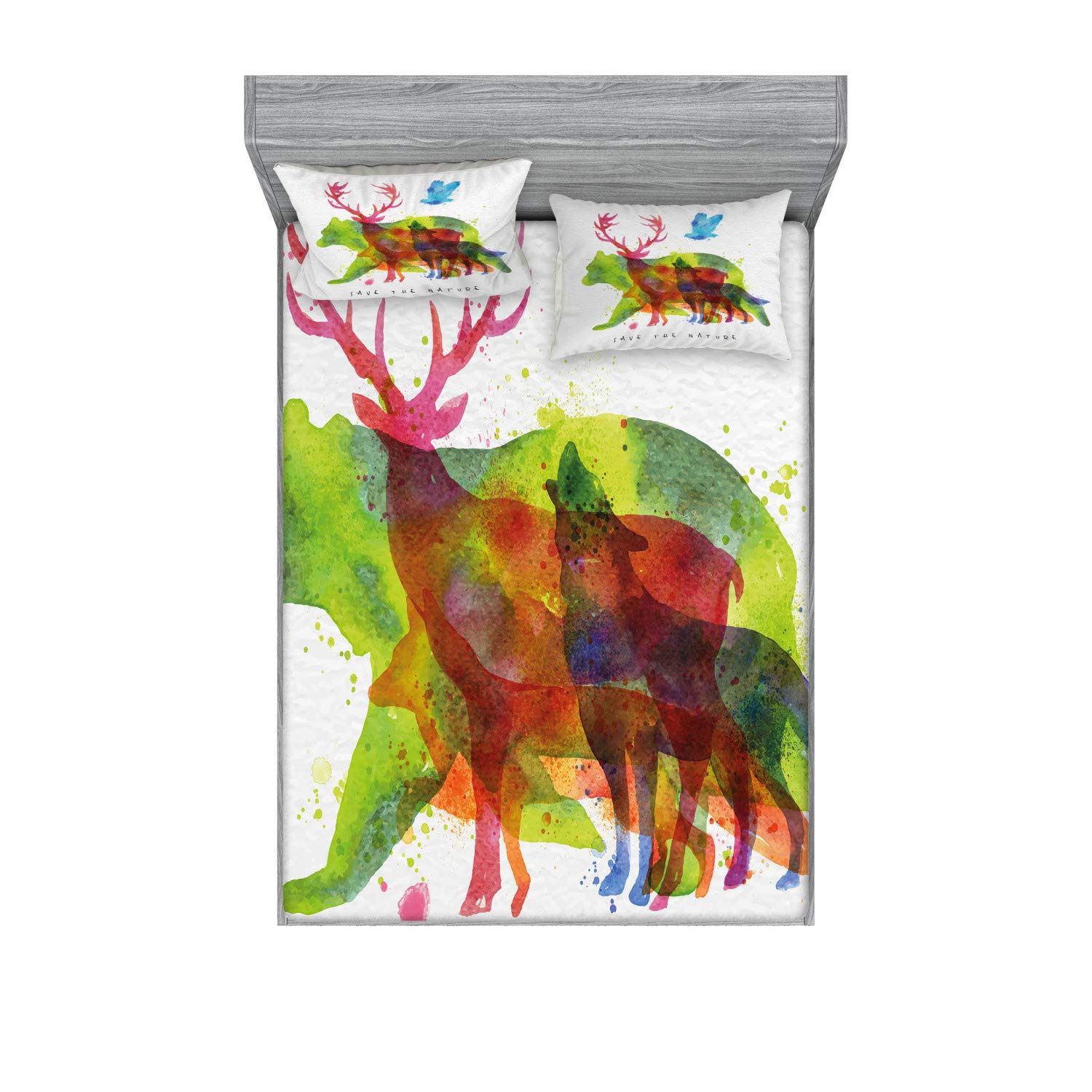 Ambesonne 3-Piece King Size Animal Print Bedding Set - Abstract Alaska Wildlife Bears Wolves Eagles Deer Design, Decorative Fitted Sheet & Pillow Shams, Multicolor | Perfect for Wildlife Lovers' Bedroom Decor, Cabin Retreats & Nature-Themed Home Styling