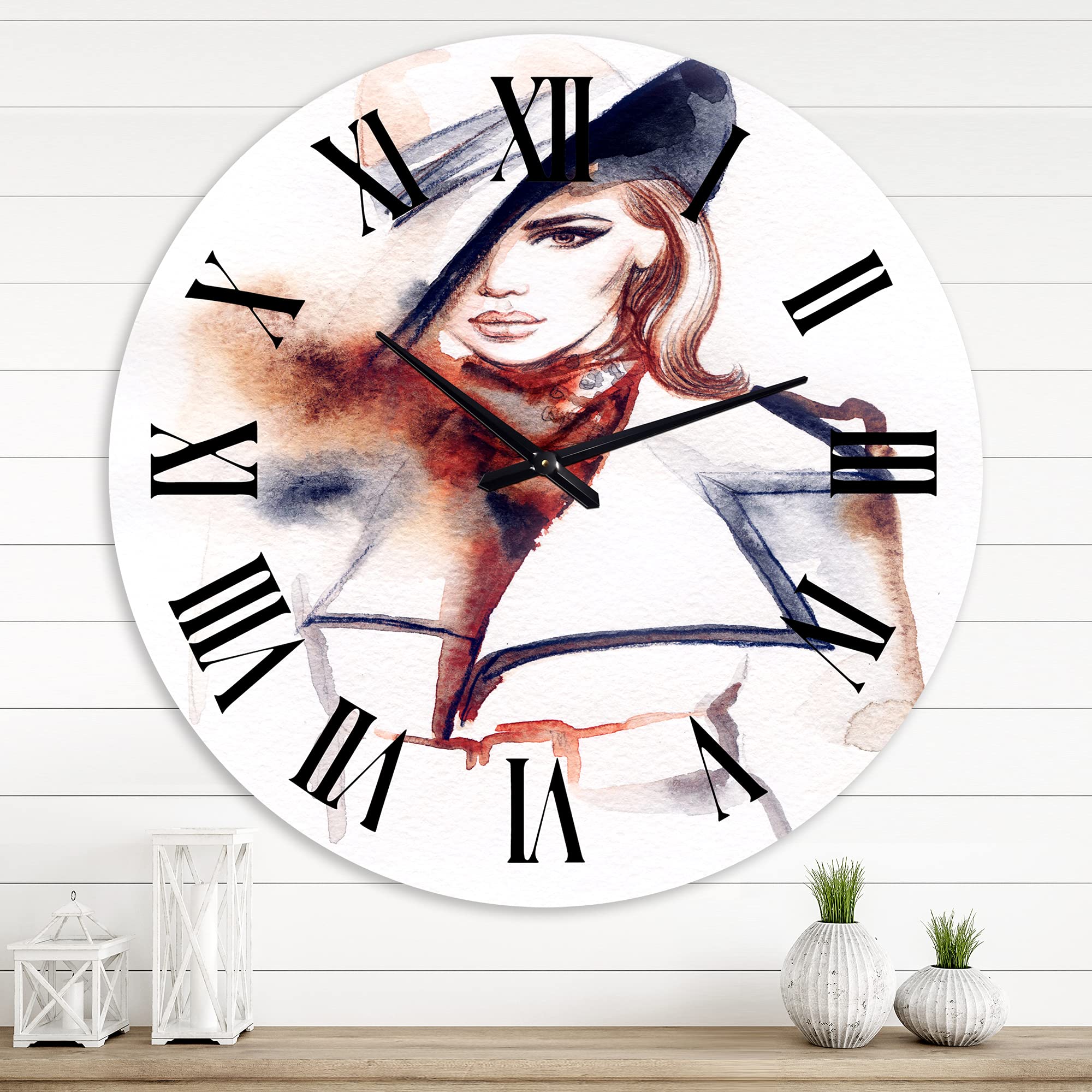 DesignQ Modern Wall Clock - Fashion Portrait of Woman with Hat - Large Decorative Clock for Kitchen, Living Room, Bedroom & Office - Stylish Home Decor Gift Idea