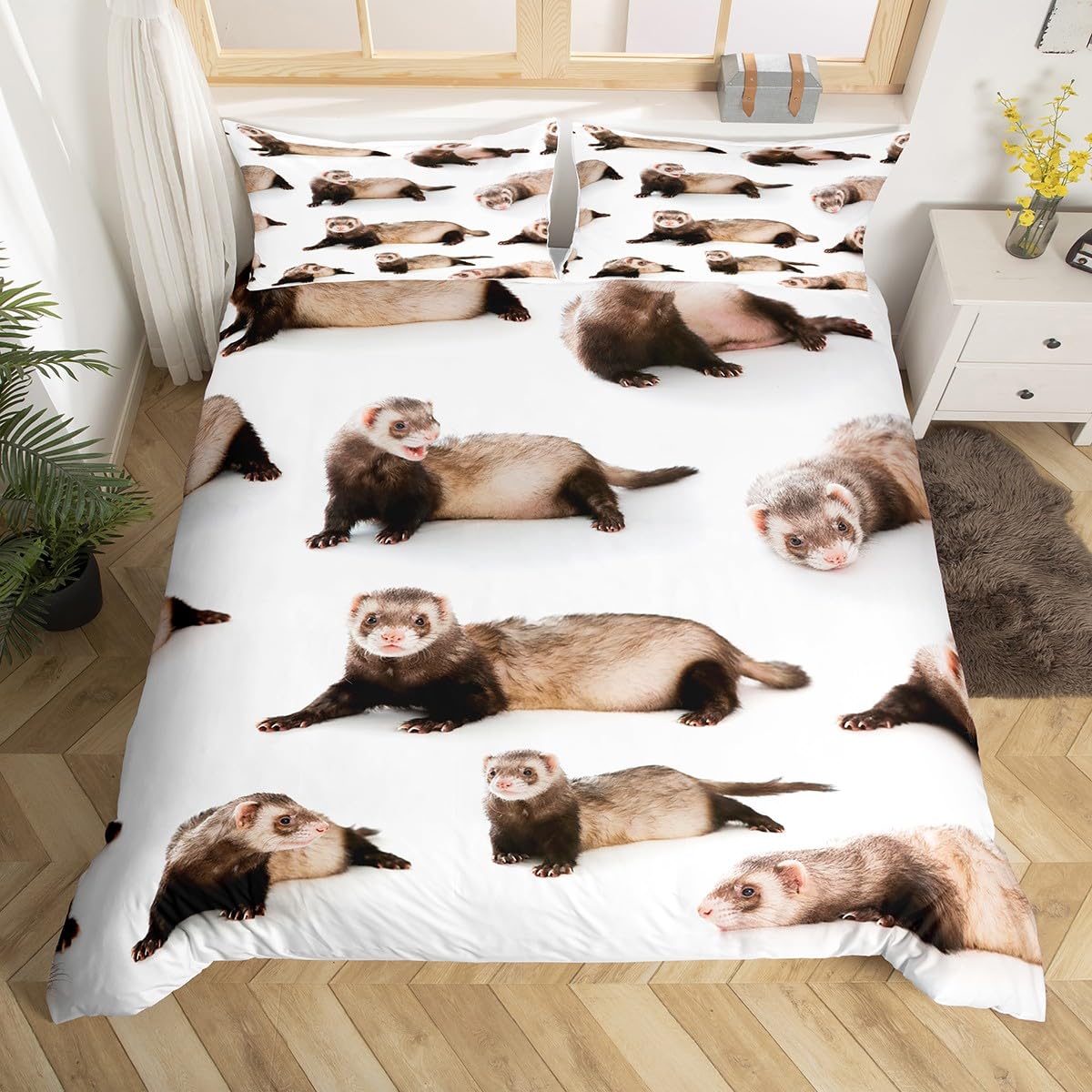 **Ferret Bedding Set - Kawaii Wild Animals Duvet Cover Twin, Cartoon Wildlife Pet Toddler Bed Set for Kids, Boys & Girls - Wild Safari Theme Cute Room Decor - Perfect for Kids' Bedrooms, Nursery, or Playroom**