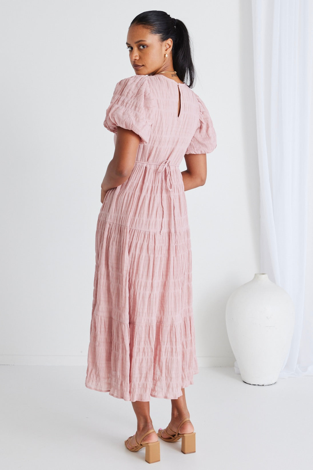 Elegant Blush Pink Shirred Cotton Bubble Sleeve Tiered Maxi Dress for Women - Perfect for Beach Vacations, Summer Weddings & Boho Chic Outfits
