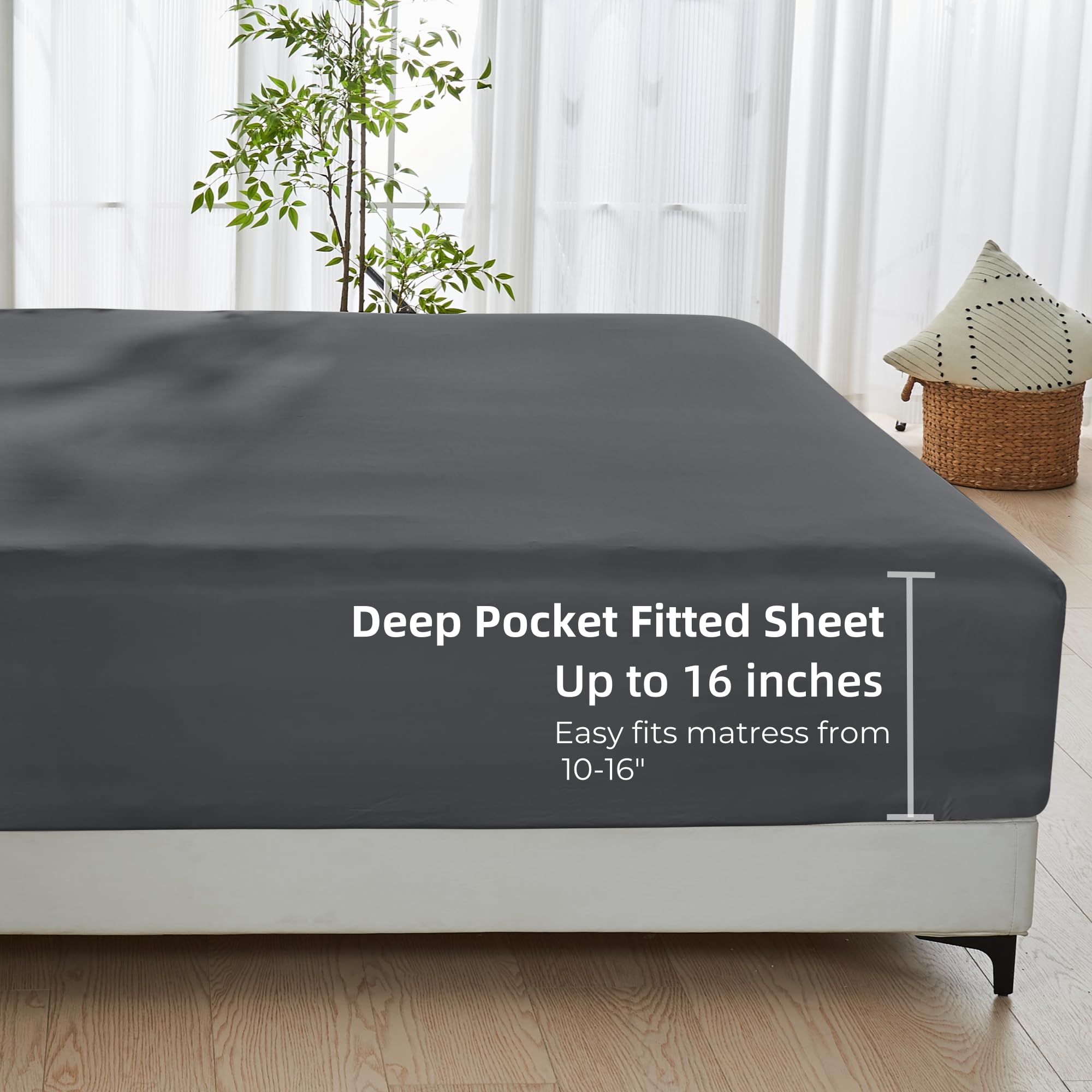 GOKOTTA 16 Inch Deep Pocket Bamboo Rayon Fitted Sheet - Queen Size Cooling & Breathable Bottom Sheet with 4-Way Stretch Elastic Corners (Dark Grey) | Perfect for Hot Sleepers, Guest Beds & Adjustable Mattresses