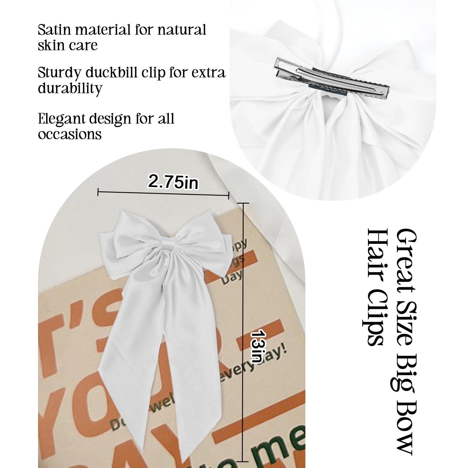 Elegant Oversized Satin Hair Bows for Girls & Women - Cute Long Ribboned Hair Clips Accessories (Pure White) | Perfect for Parties, Weddings & Daily Fashion