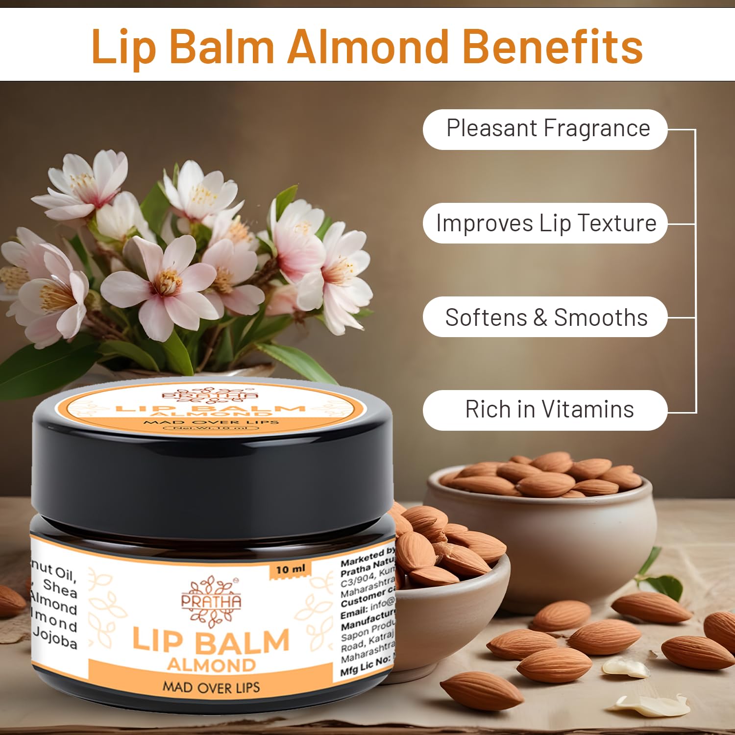Pratha Naturals Almond Oil Lip Balm – Ultra Moisturizing & Nourishing Lip Gloss for Dry, Chapped Lips | Perfect for Winter Care & Daily Hydration
