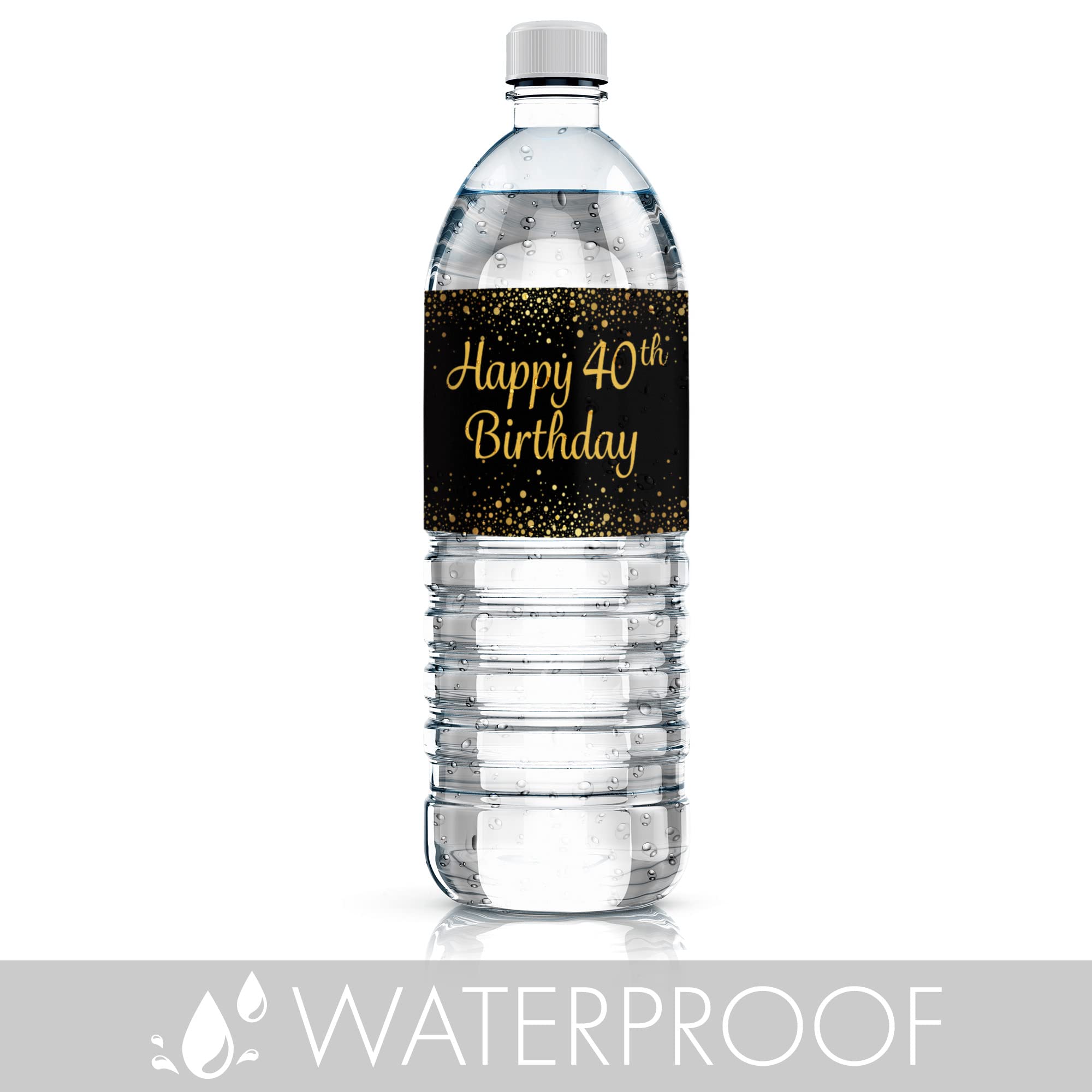 Black Gold 40th Birthday Water Bottle Labels - 24 Stickers for Party Decor
