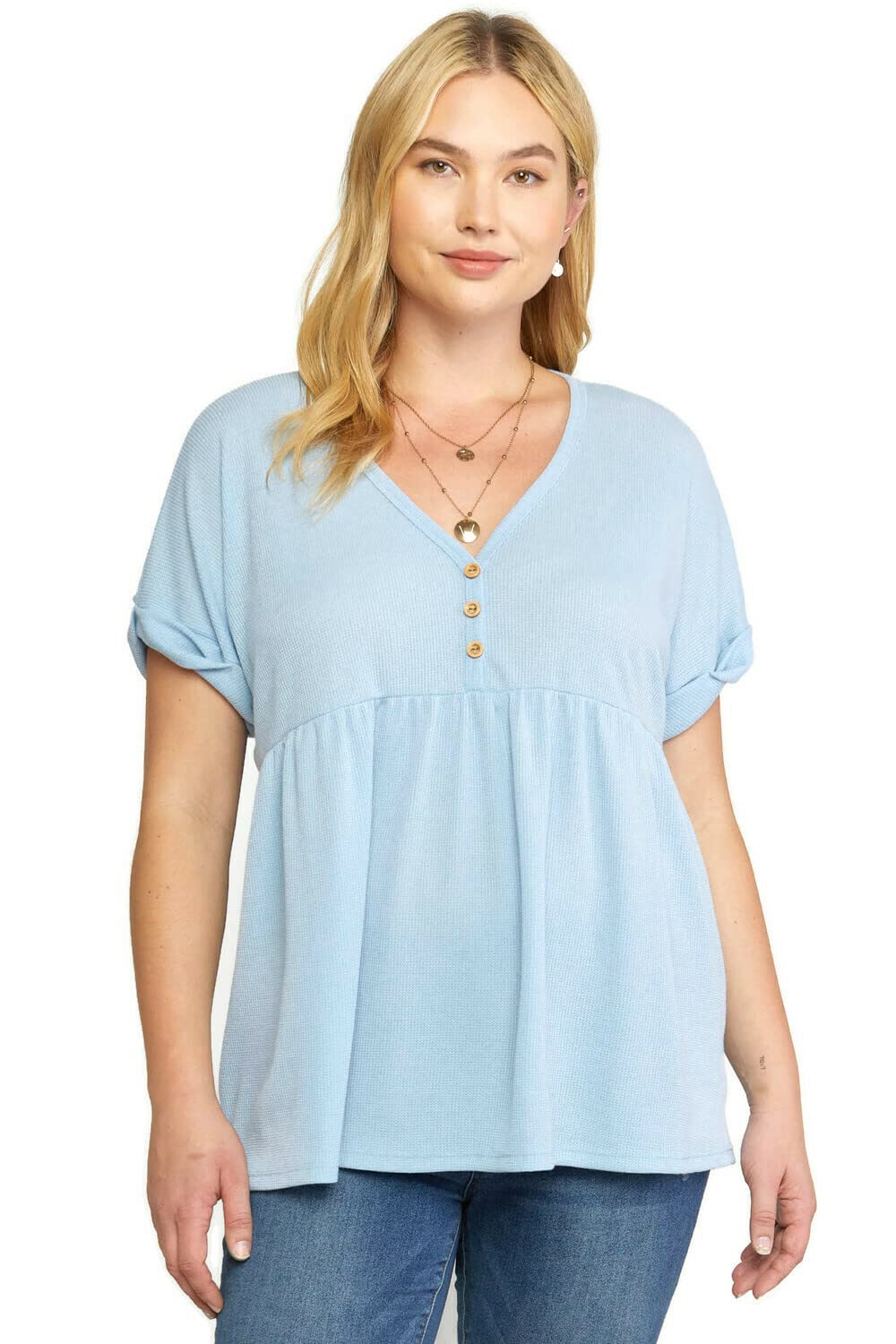 Entro Women's Mini Waffle Knit Babydoll Tunic Top - Soft Casual Short Sleeve Shirt for Everyday Wear, Date Night & Layering
