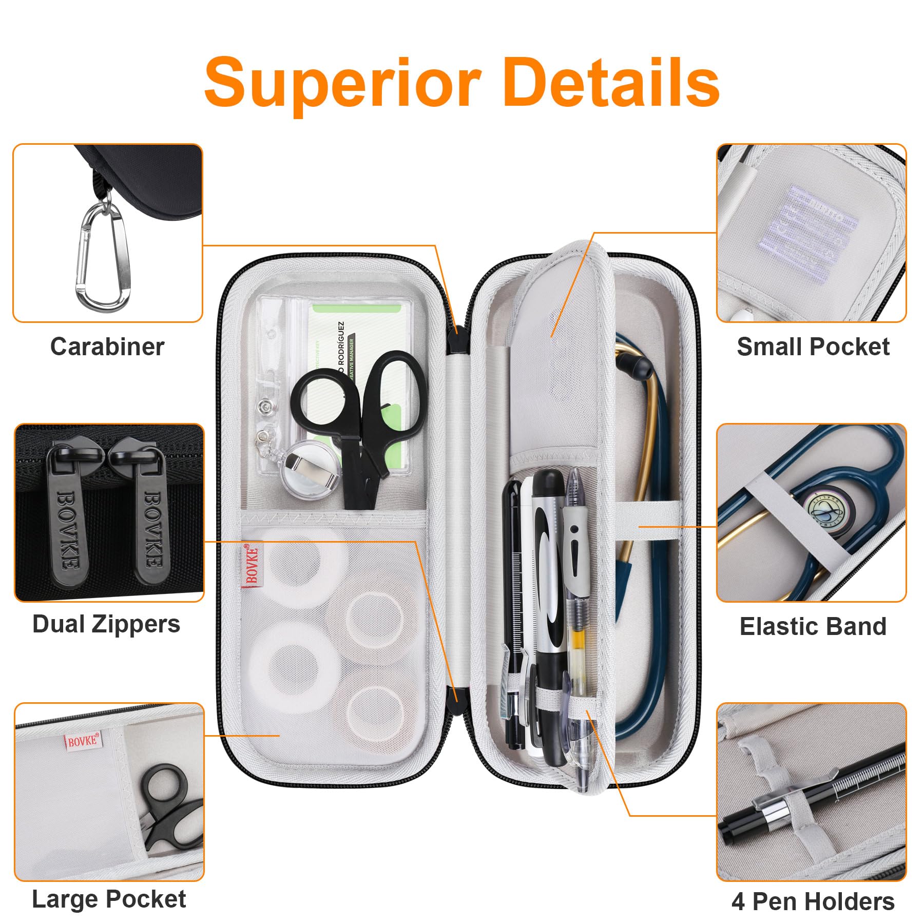 BOVKE 15-Piece Nurse Stethoscope Case Kit - Medical Scissor, Bandage Wraps, 2 Penlights with Batteries, Bandage Holder - Perfect Nursing Gift for Students & Professionals (Black) | Great for Clinical Rotations, Hospital Shifts & Medical Training