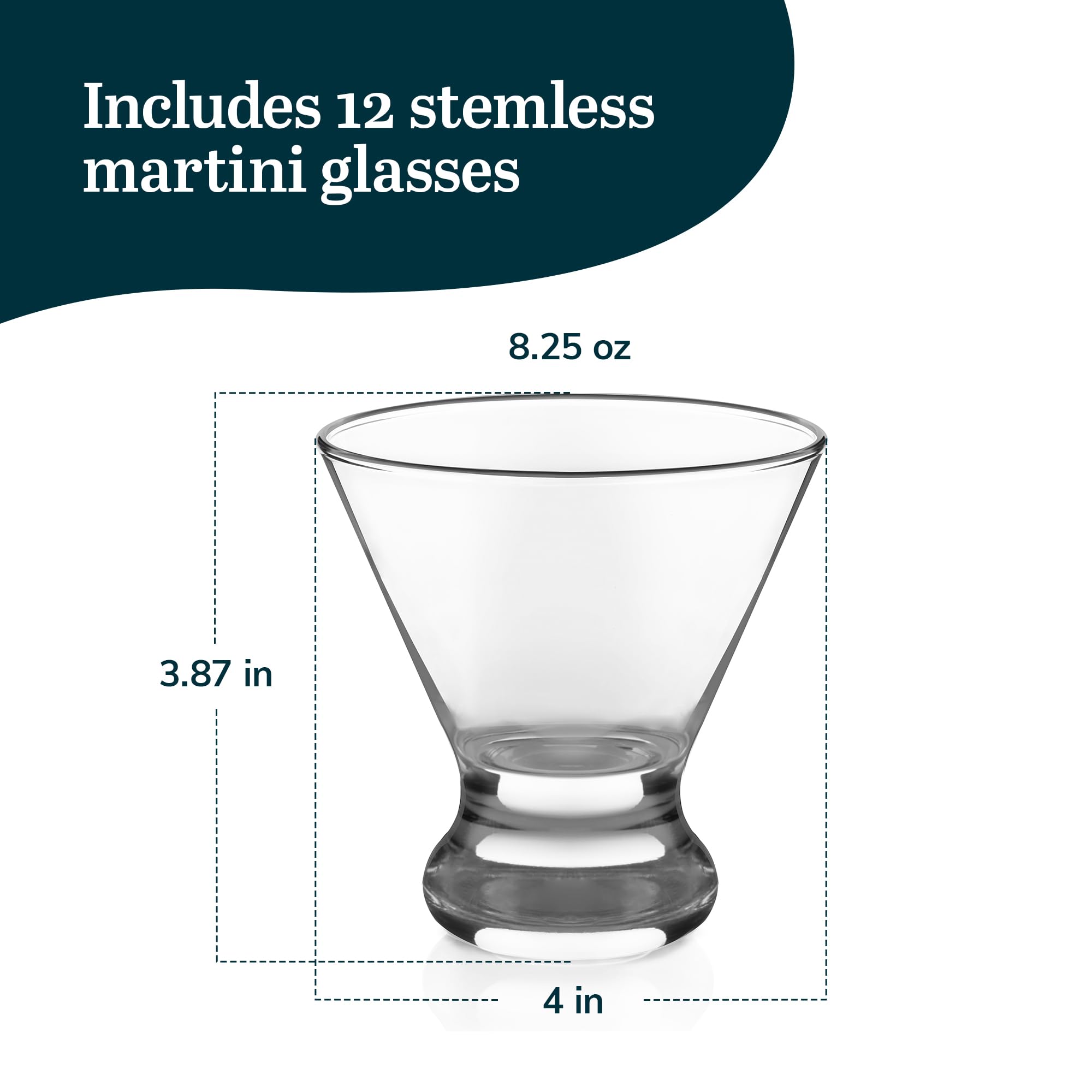 Libbey Cosmopolitan Stemless Martini Glasses Set - 12-Pack Dishwasher Safe Barware for Cocktails, Margaritas & Wine - Lightweight Shatter-Resistant Glassware for Wedding Parties, Home Bars & Restaurants