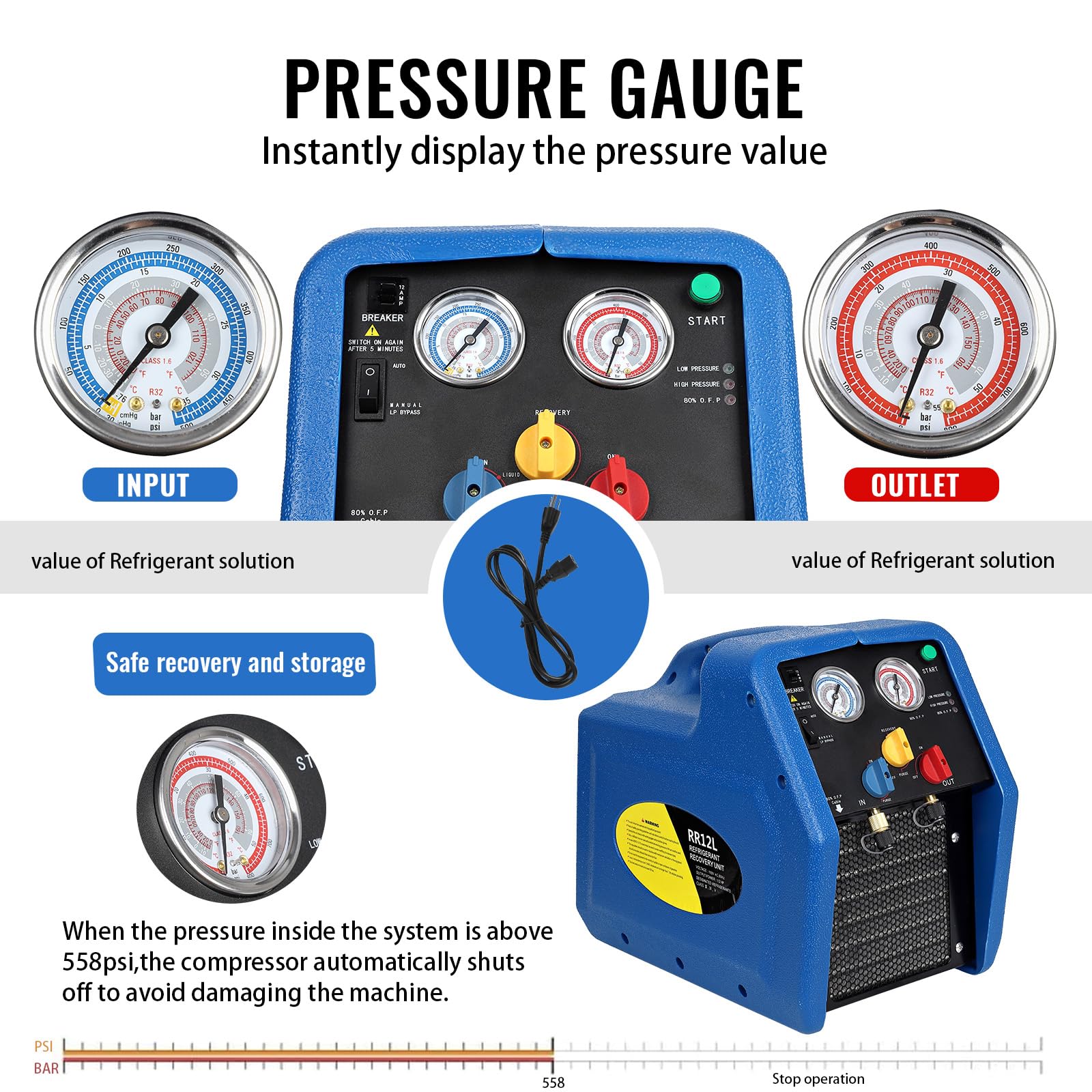 1/2HP 110V Portable Oil-Less Refrigerant Recovery Machine - Dual Cylinder for Liquid Refrigerant Recycling - Perfect for Automotive AC Repair & HVAC System Maintenance - Use in Auto Shops, HVAC Services & Refrigeration Maintenance