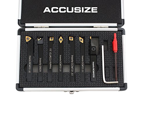 Accusize Industrial Tools 1/4'' Shank 7-Piece Indexable Carbide Turning Tool Set in Fitted Box, 2387-2001 - Perfect for Metal Lathe Turning, DIY Projects & Professional Machining
