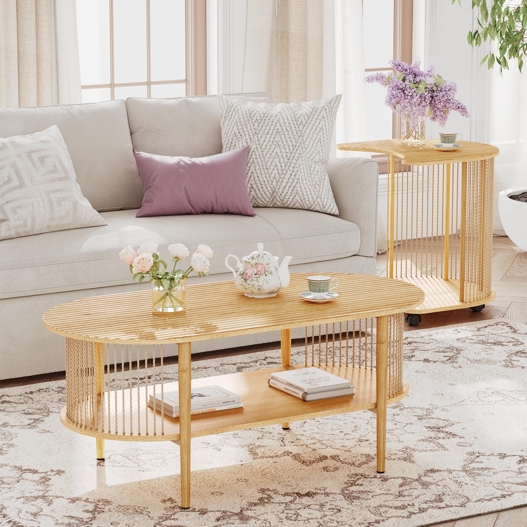 Brafab 2-Piece Boho Natural Fiber Rope Coffee Table Set - Modern Oval Nesting Side Tables with Fluted Tabletop & 2-Tier Storage, Wheeled End Tables for Living Room, Bedroom & Patio Decor