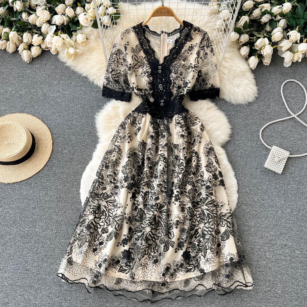 French Retro Mesh Embroidery Lace V-Neck Dress - Mid-Length A-Line Swing Skirt for Women | Elegant Vintage Floral Summer Dress for Parties, Weddings & Date Nights