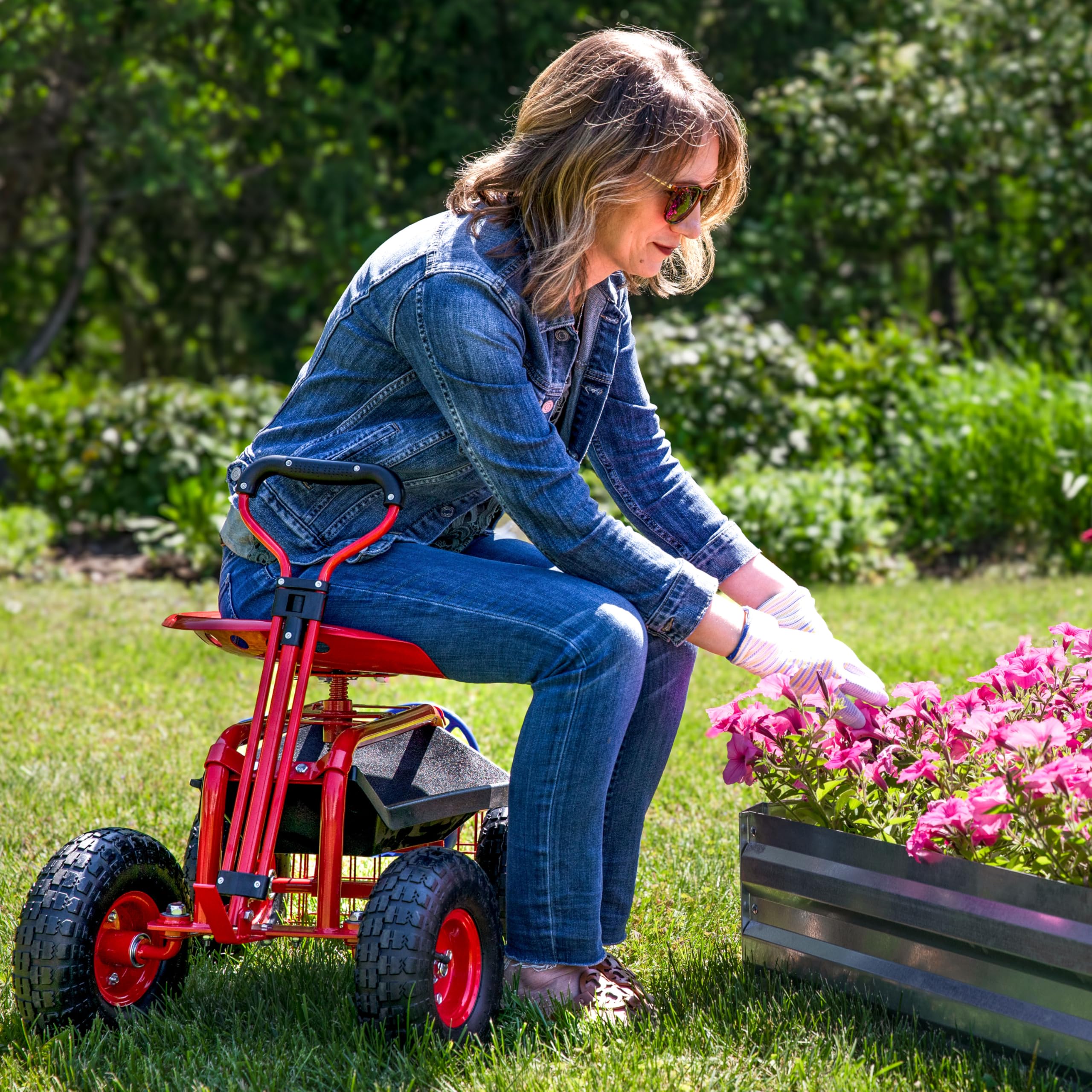 Sunnydaze Heavy Duty Garden Cart with Extendable Handle & Swivel Seat - Utility Rolling Scooter with Storage Basket - Outdoor Yard Work, Gardening & Home Improvement - Red