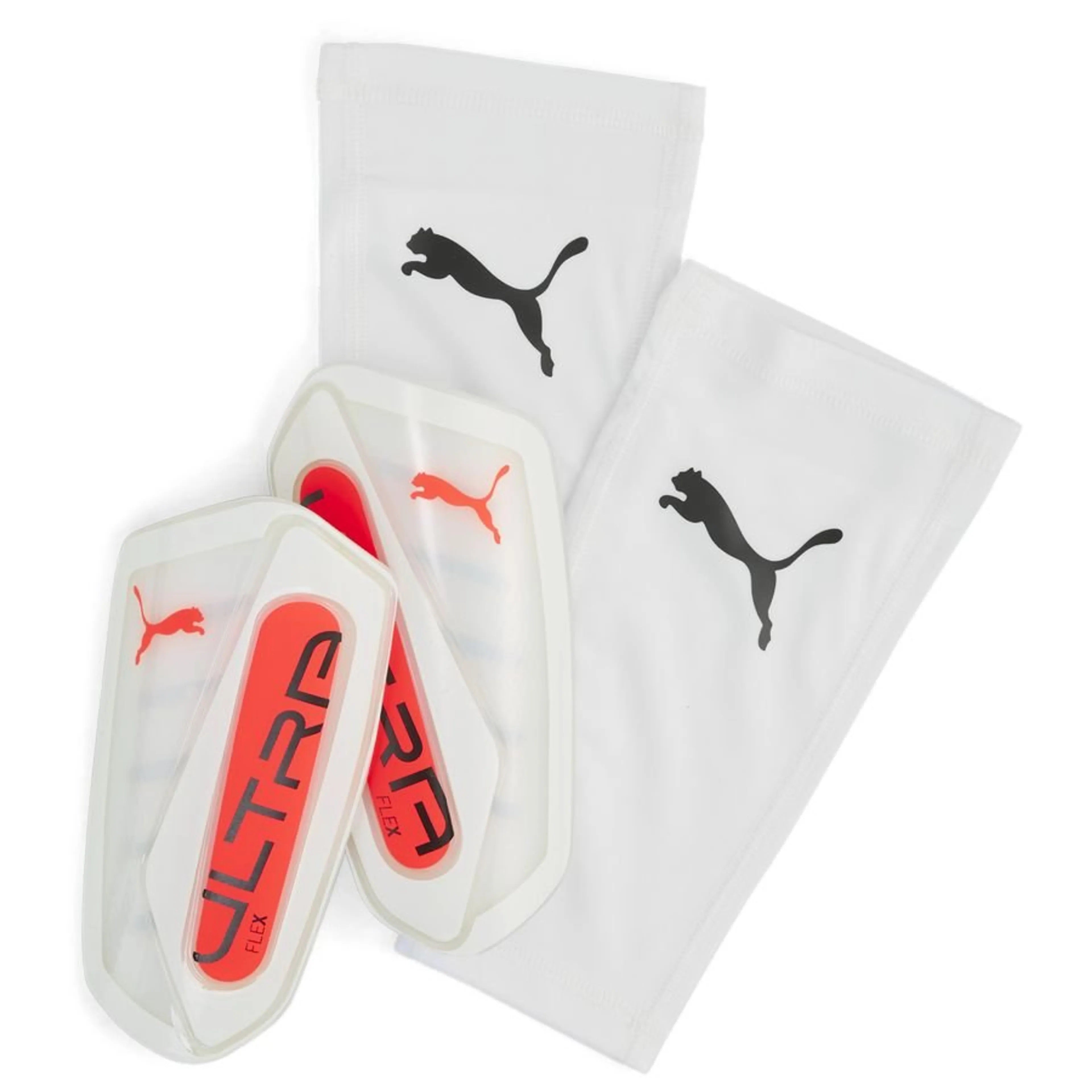 Puma Ultra Flex Sleeve Shinguards - White & Glowing Red - Lightweight Soccer Shin Guards for Men & Women - Perfect for Football Training & Match Play