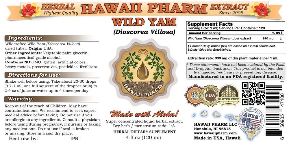Wild Yam Liquid Extract (Dioscorea Villosa) - Organic Herbal Supplement Tincture by Hawaii Pharm - 4 fl.oz Bottle (Pack of 15) - Made in USA - Supports Women's Health & Hormonal Balance - Perfect for Natural Remedies & Herbal Wellness Routines