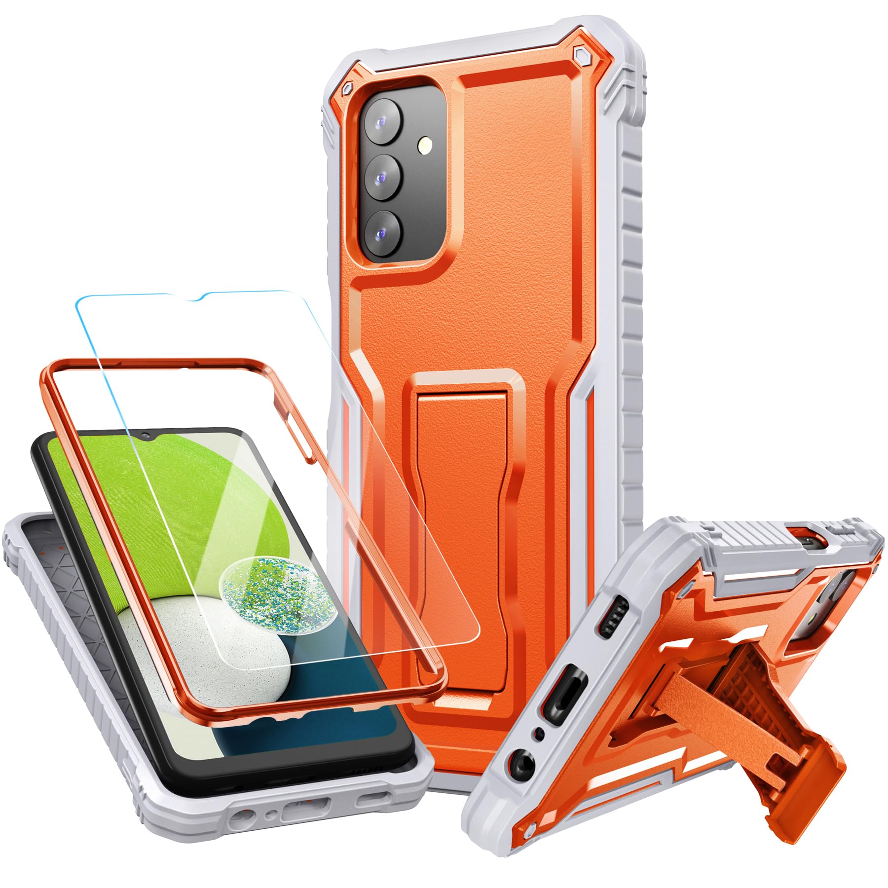 Shockproof Heavy Duty Case for Samsung Galaxy A03S 5G - Dual Layer Protective Cover with Built-in Kickstand & Tempered Glass Screen Protector | Perfect for Outdoor Activities, Work & Travel (Orange)