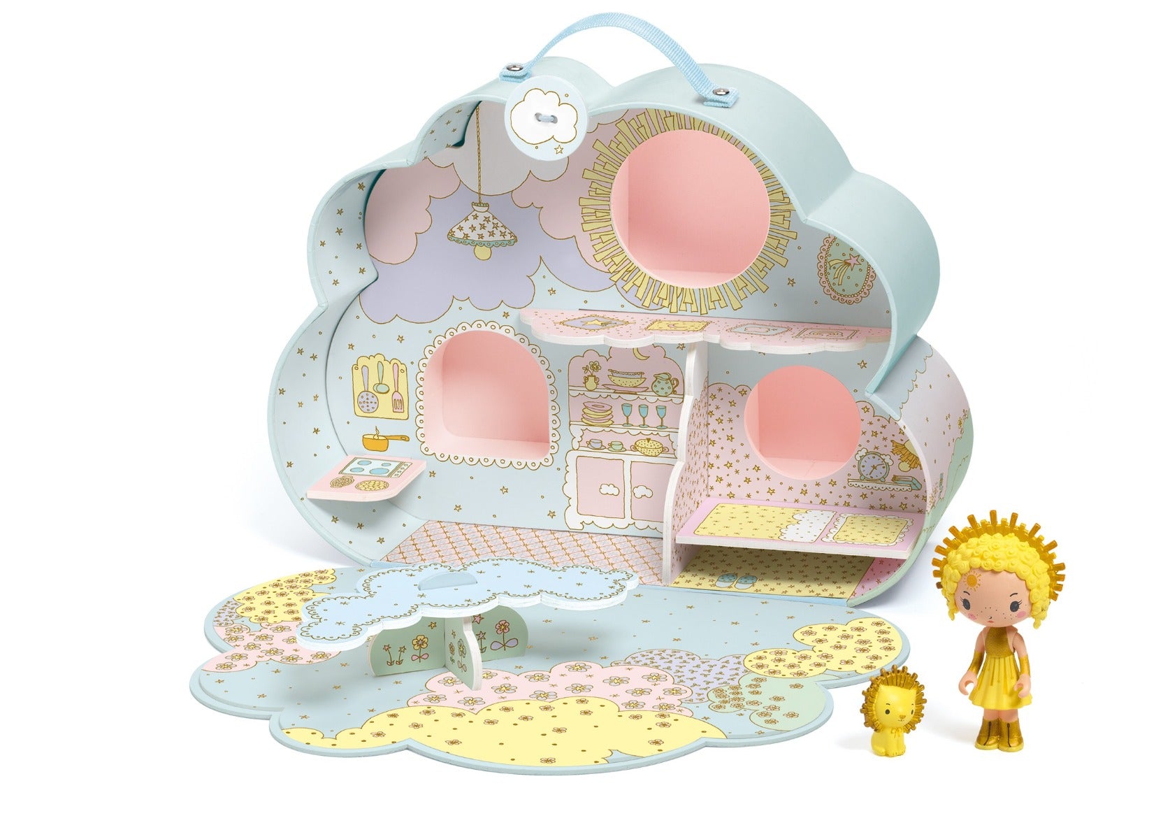 Djeco Tinyly Sunny & Mia House - Wooden Dollhouse for Kids, Pretend Play Toy with Miniature Furniture - Perfect for Imaginative Play & Room Decor