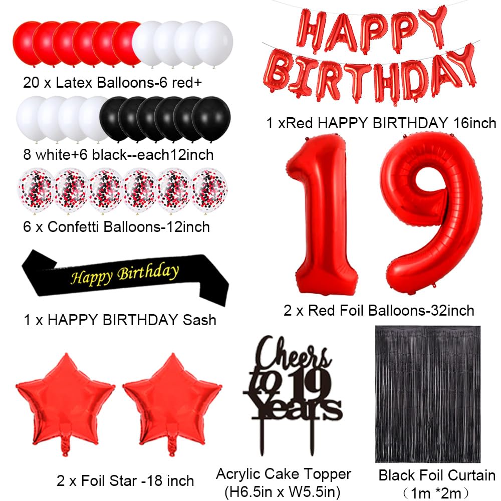 19th Birthday Party Decorations Set - Red Happy Birthday Banner, Sash, Cake Topper, Number 19, Confetti & Latex Balloons for Girls & Women | Perfect for 19 Years Old Celebration, Photo Backdrops & Milestone Parties