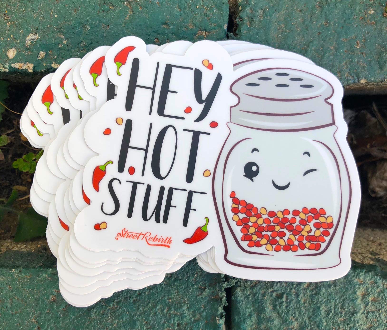 Hey Hot Stuff Sticker - 4 Inch Waterproof Vinyl Decal with Pizza & Peppers Design - Funny Food Pun Sticker for Hydro Flask, Skateboard, Laptop, Cooler, Water Bottle - Perfect for Kitchen Decor, Office Humor & Gift Giving